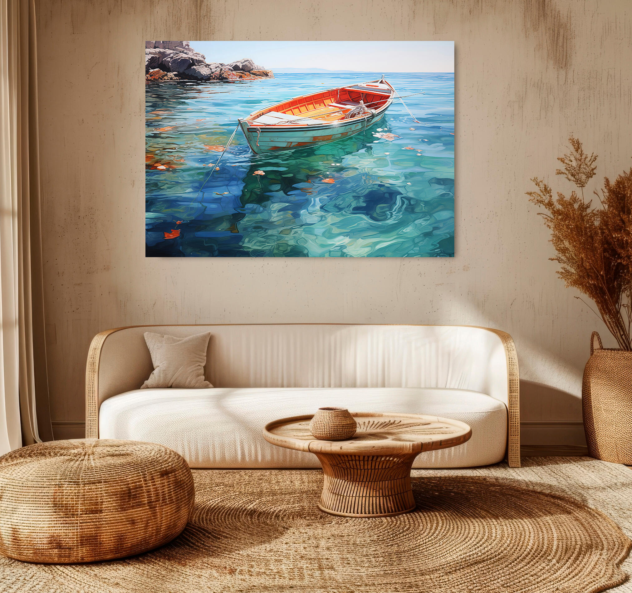 Objeto decorativo sin marco Arte rectangular de 140 x 100 cm. MDF Barca Resplandor pasteles cálidos - 9