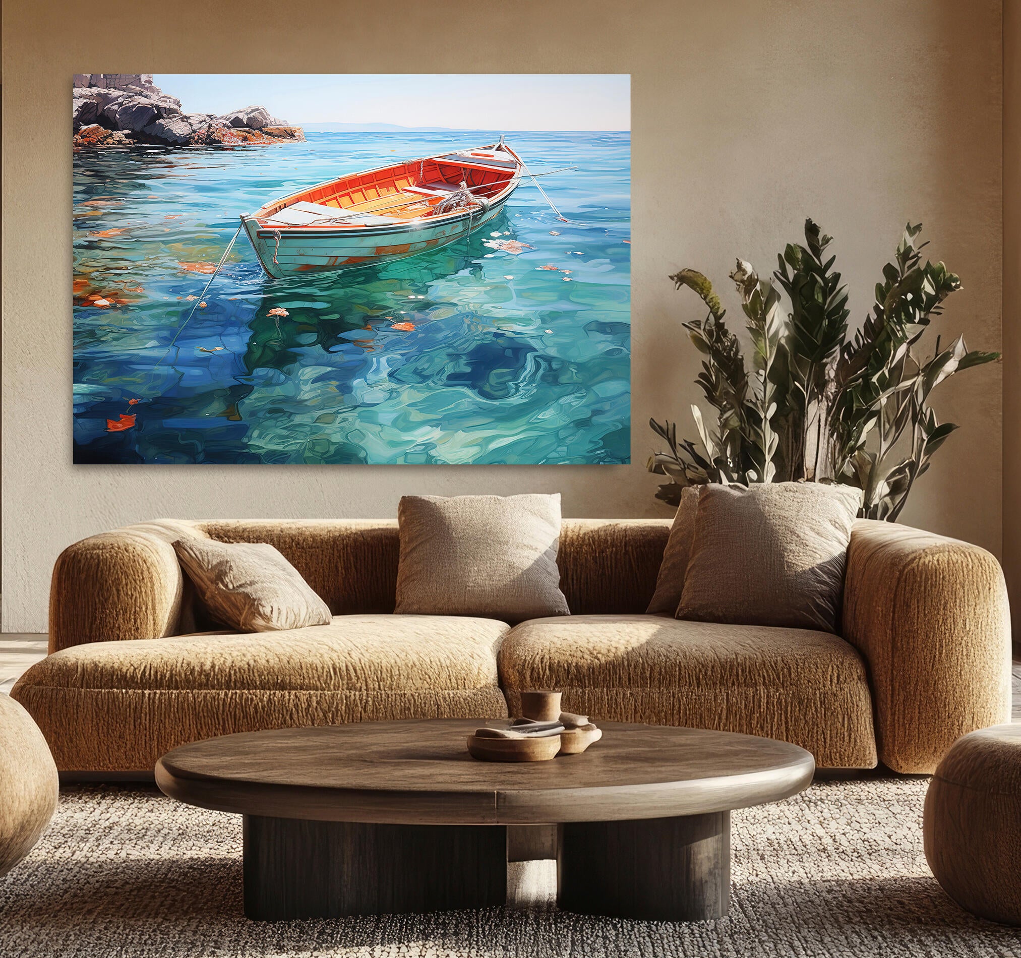 Objeto decorativo sin marco Arte rectangular de 140 x 100 cm. MDF Barca Resplandor pasteles cálidos - 8