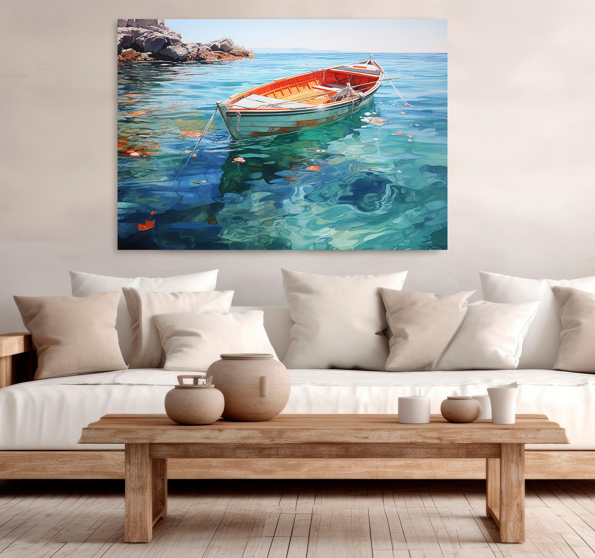 Objeto decorativo sin marco Arte rectangular de 140 x 100 cm. MDF Barca Resplandor pasteles cálidos - 7