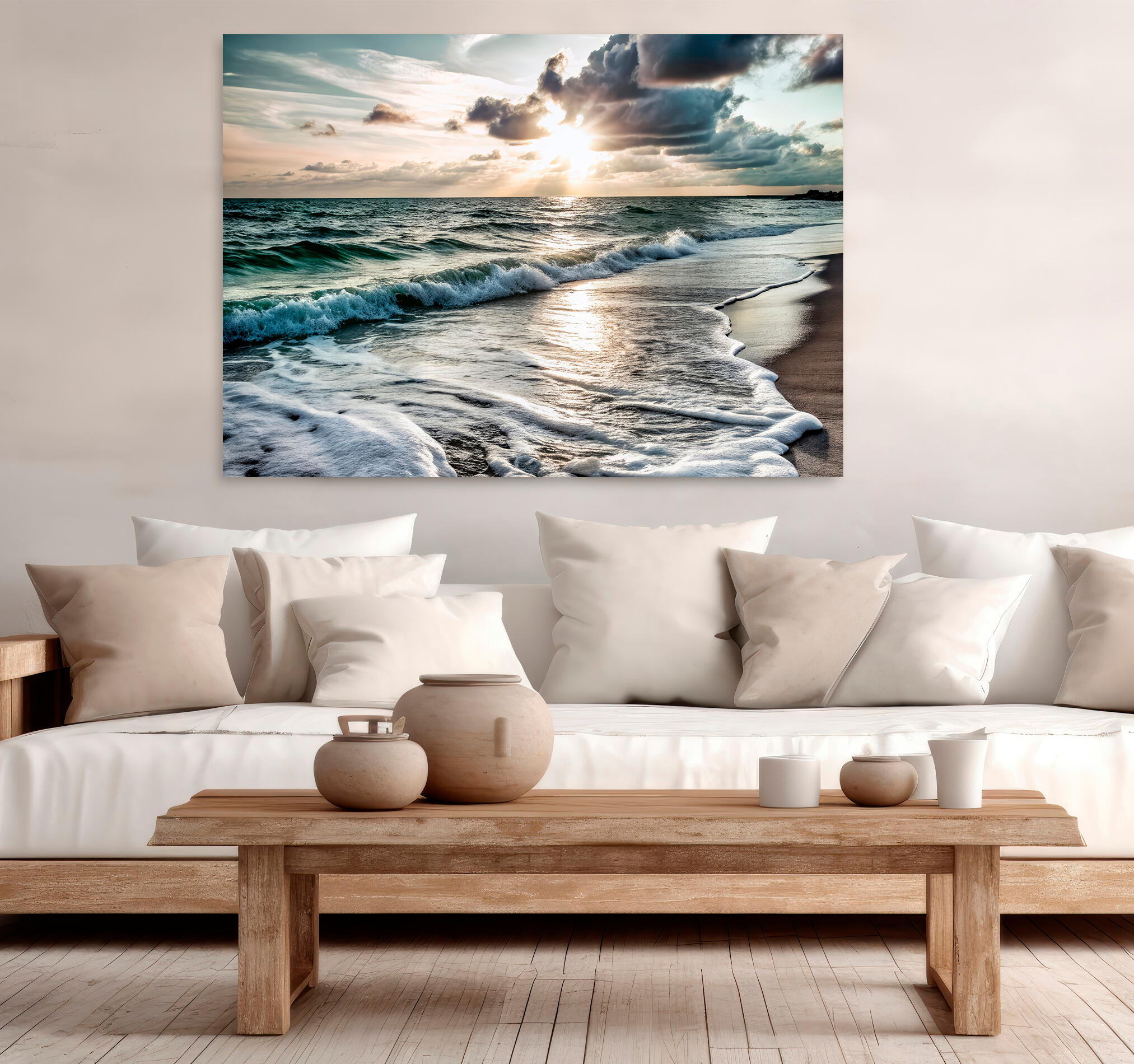 Objeto decorativo sin marco Arte rectangular de 140 x 100 cm. MDF Playa Cielo pasteles cálidos - 7