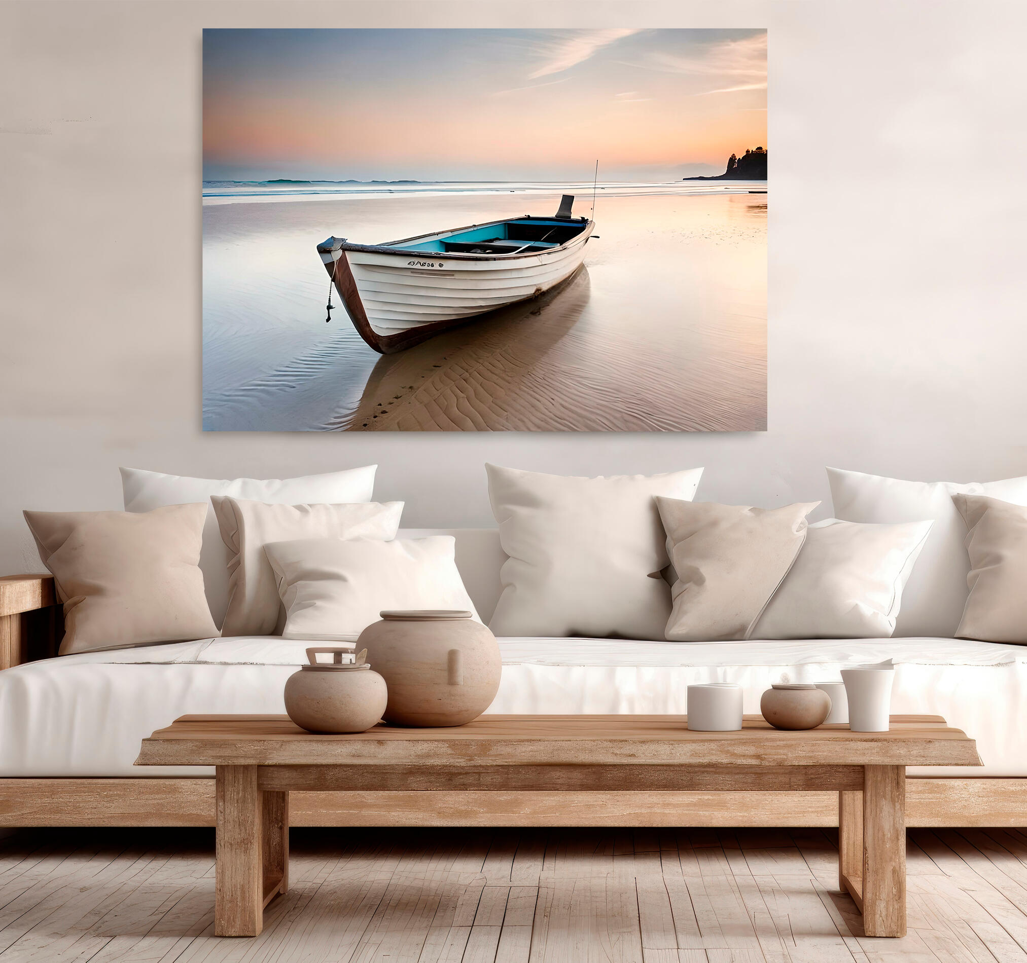 Objeto decorativo sin marco Arte rectangular de 140 x 100 cm. MDF Barca Playa pasteles cálidos - 7