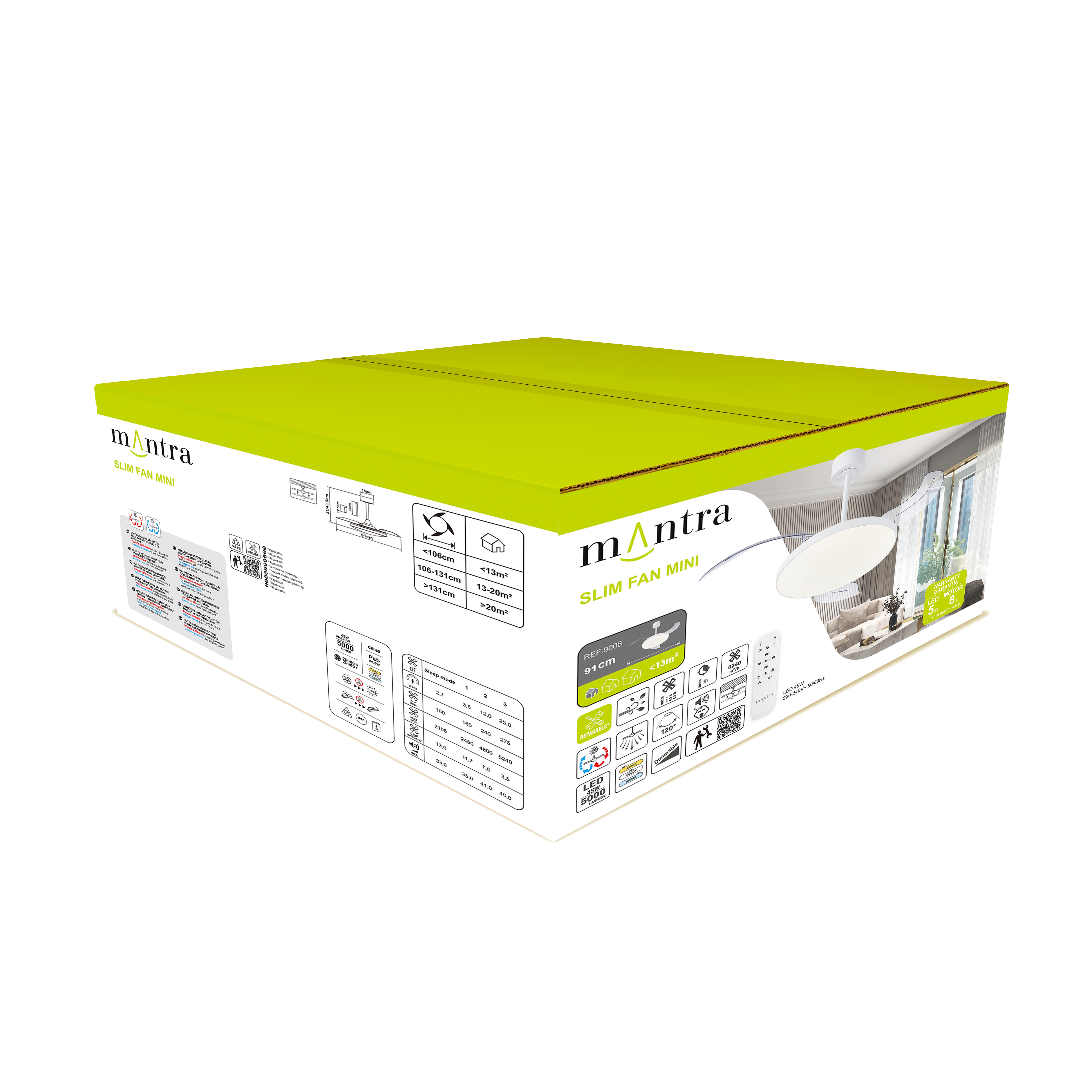 Ventilador de techo con luz silencioso DC 25W con mando ø90 cm Slim MANTRA blanco luz CCT 3 aspas retráctiles tipo lámpara| 3 velocidades| modo verano/invierno| recomendado para <13m² - 12