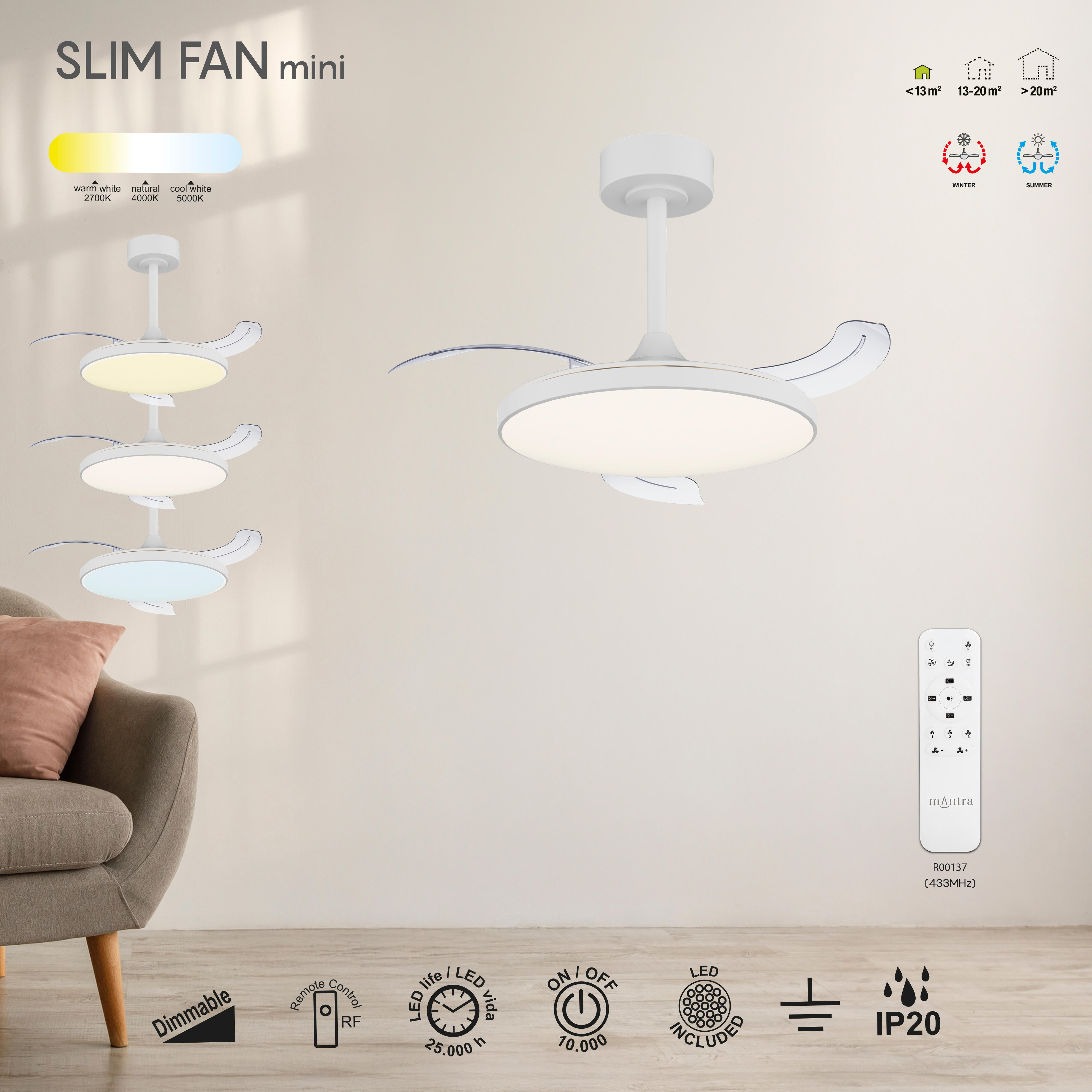Ventilador de techo con luz silencioso DC 25W con mando ø90 cm Slim MANTRA blanco luz CCT 3 aspas retráctiles tipo lámpara| 3 velocidades| modo verano/invierno| recomendado para <13m² - 8