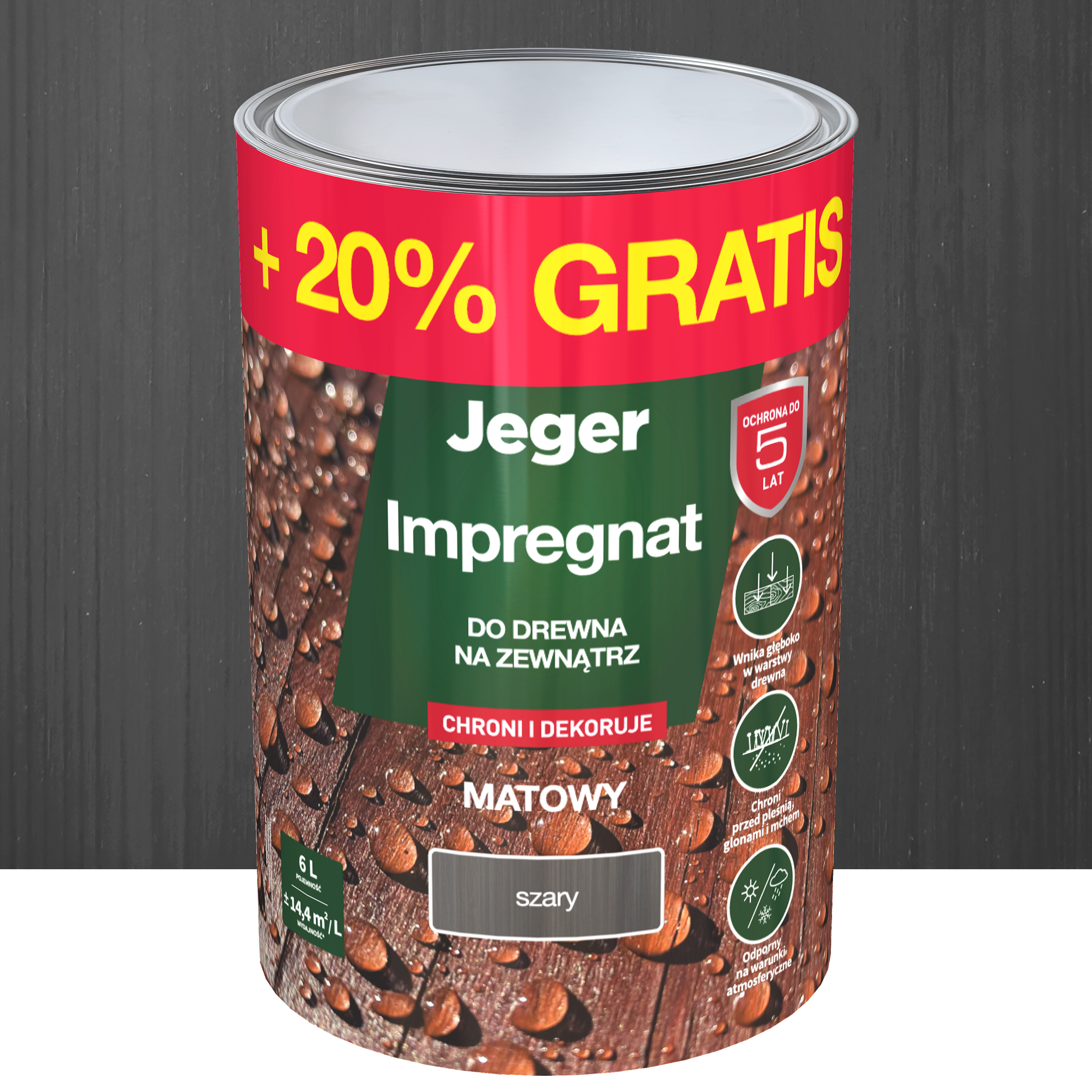 Impregnat do drewna dekoracyjny szary 5 l + 20% gratis Jeger