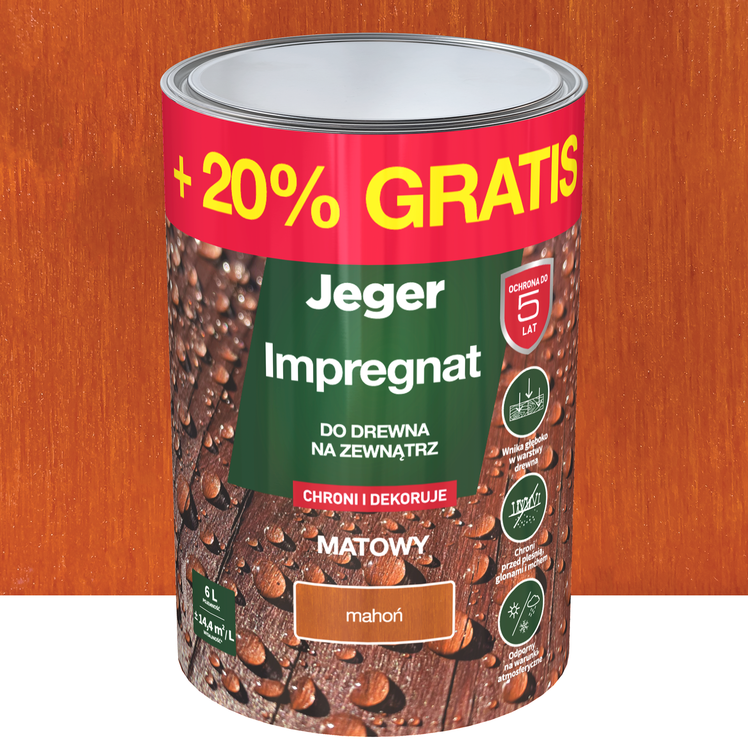 Impregnat do drewna dekoracyjny mahoń 5 l + 20% gratis Jeger