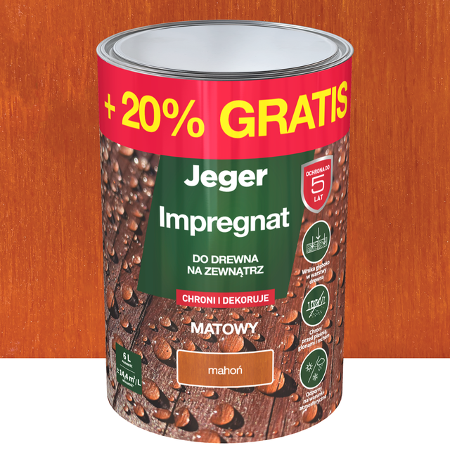 Impregnat do drewna dekoracyjny mahoń 5 l + 20% gratis Jeger