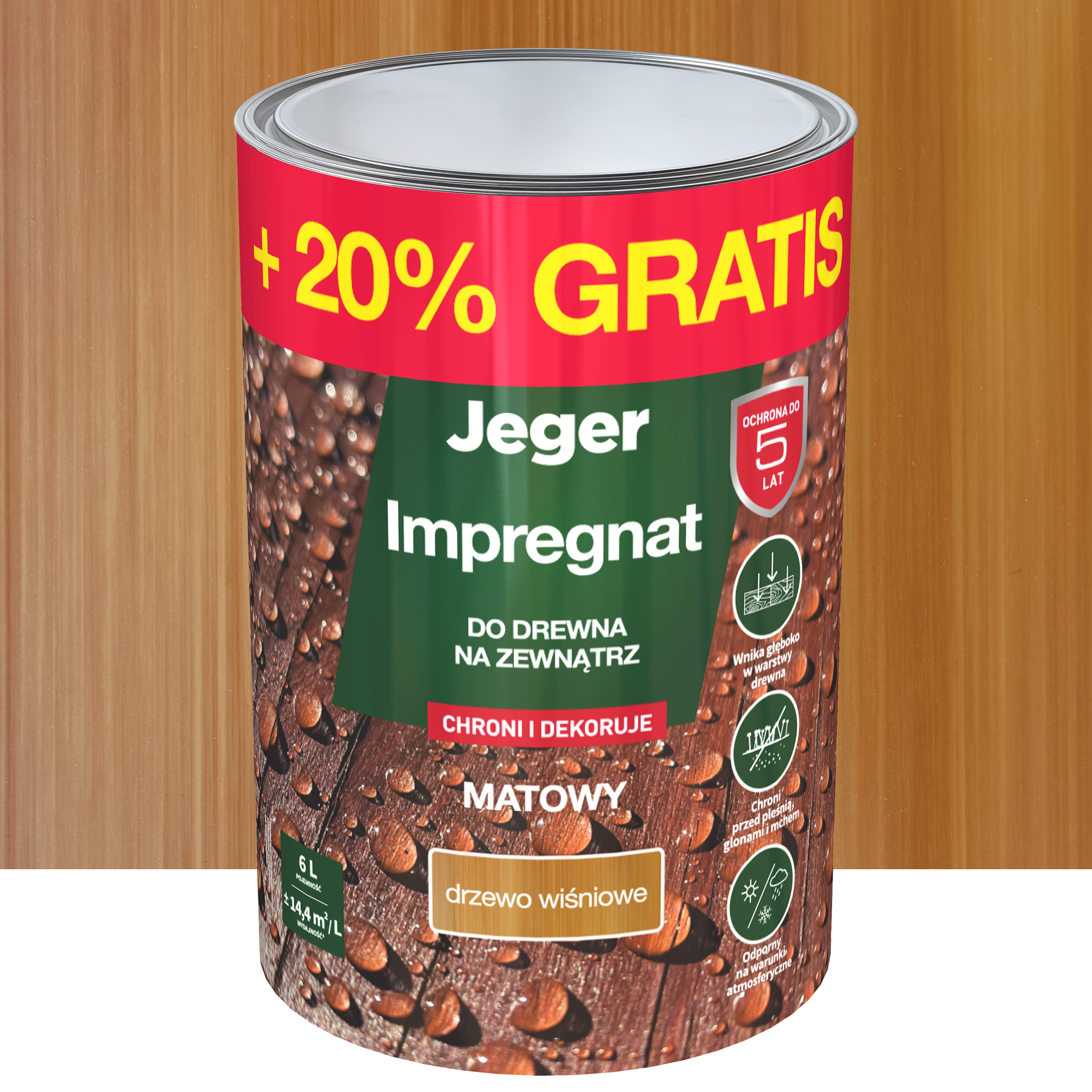 Impregnat do drewna dekoracyjny drzewo wiśniowe 5 l + 20% gratis Jeger