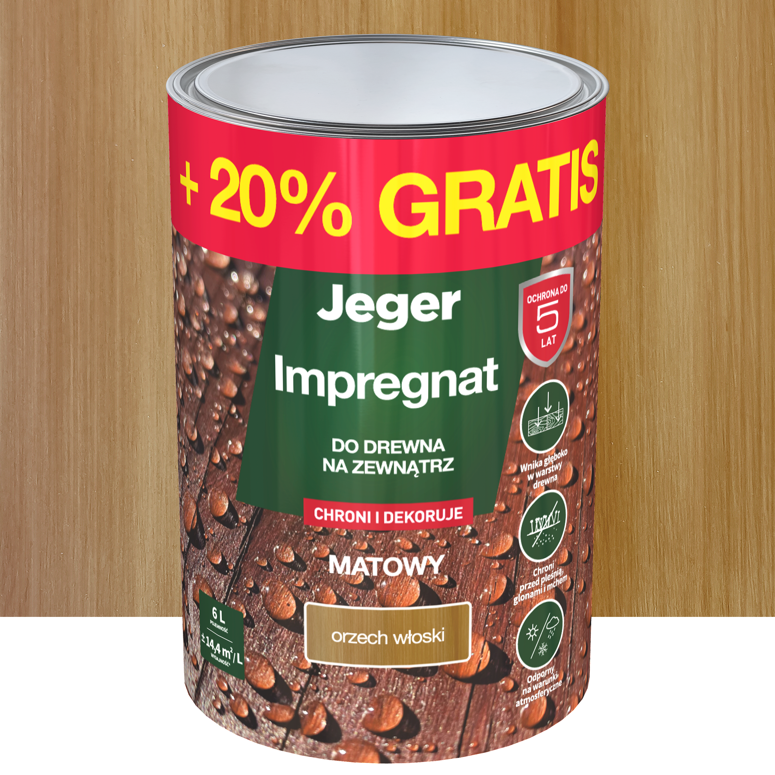 Impregnat do drewna dekoracyjny orzech włoski 5 l + 20% gratis Jeger