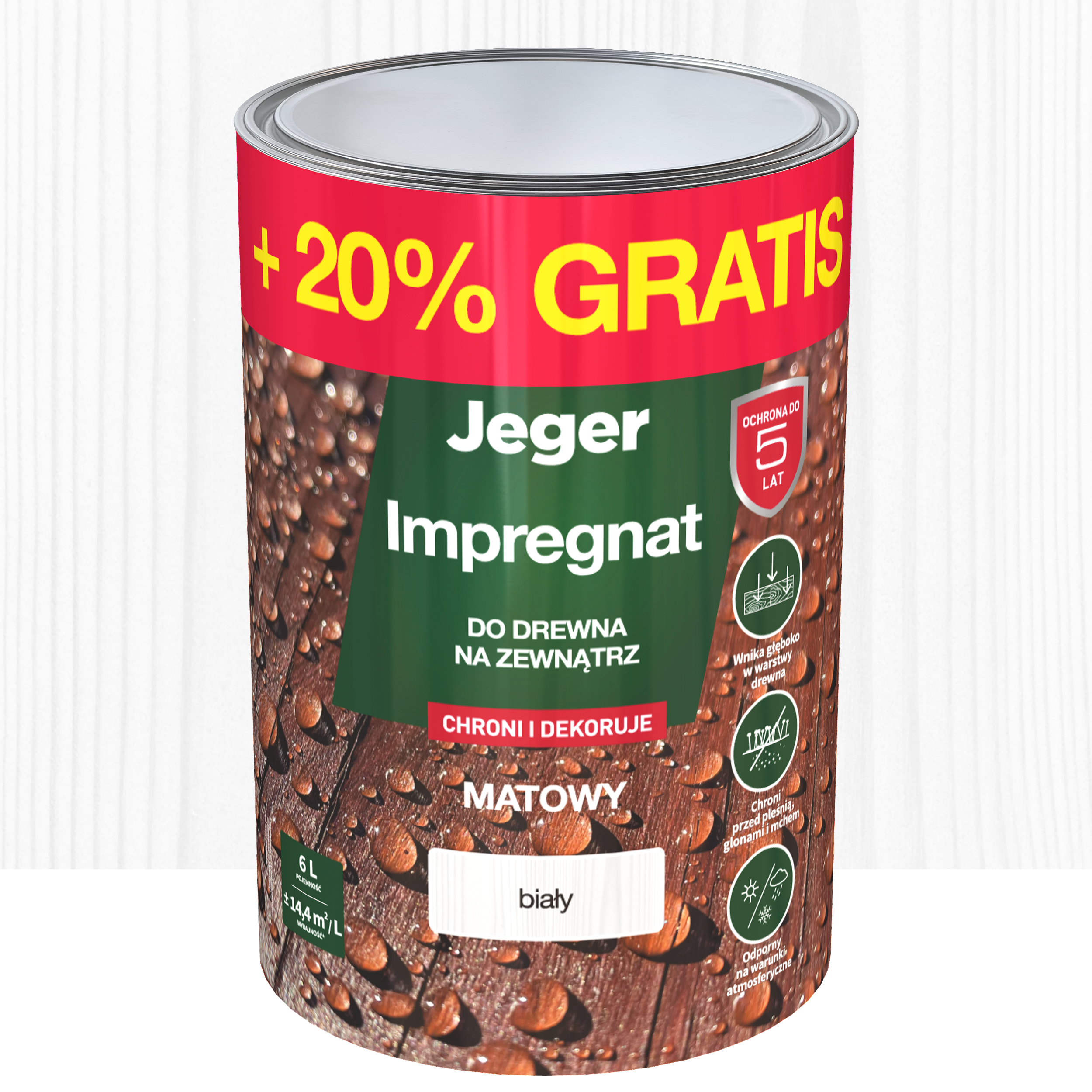 Impregnat do drewna dekoracyjny biały 5 l + 20% gratis Jeger