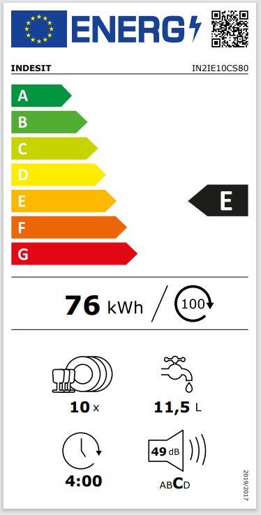 Lavavajillas integrable INDESIT IN2IE10CS80 10 cubiertos 5 programas con inicio diferido blanco 45cm clase E - 10