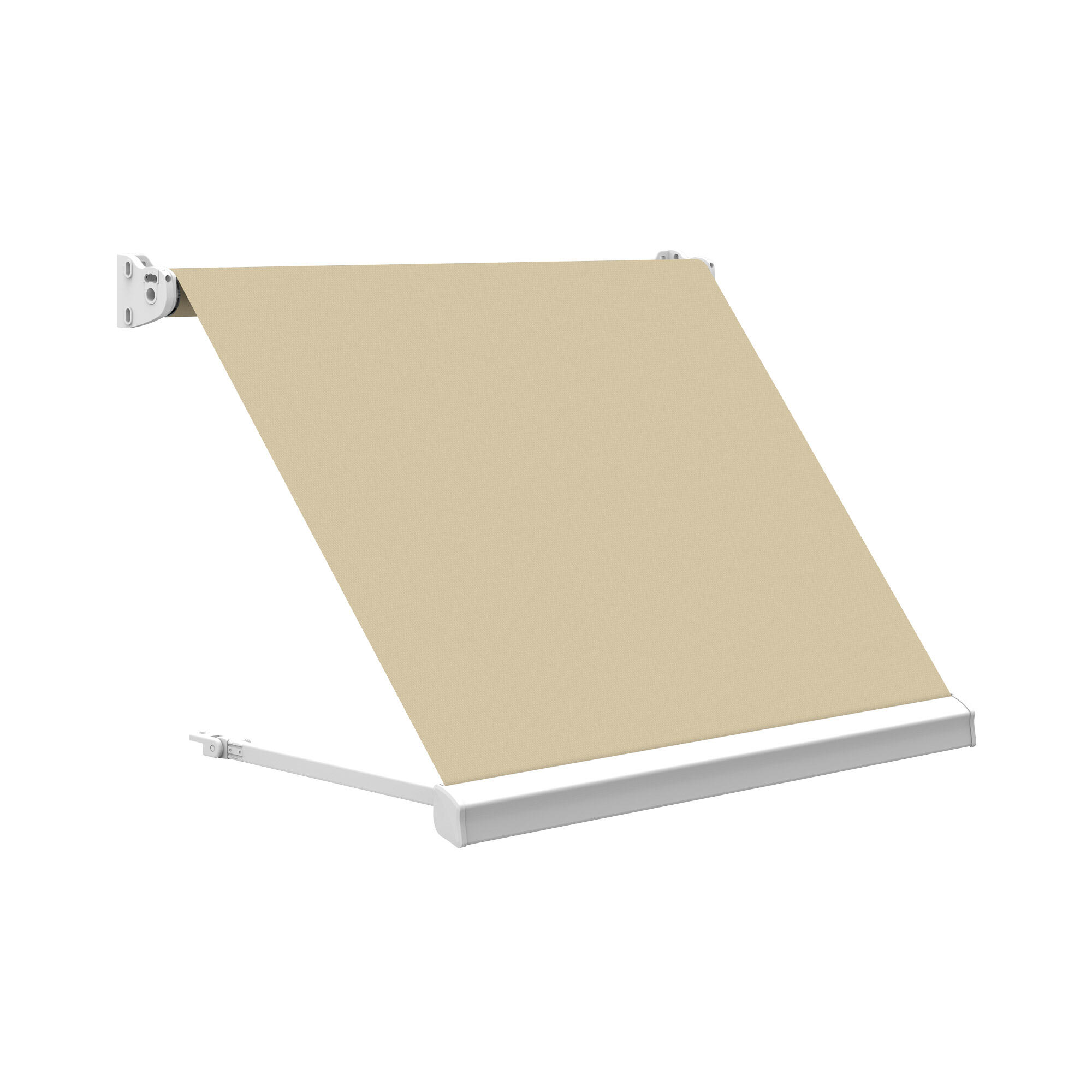 Toldo brazo estor balcón malibú motorizado estructura blanco tela beige de 5x2m