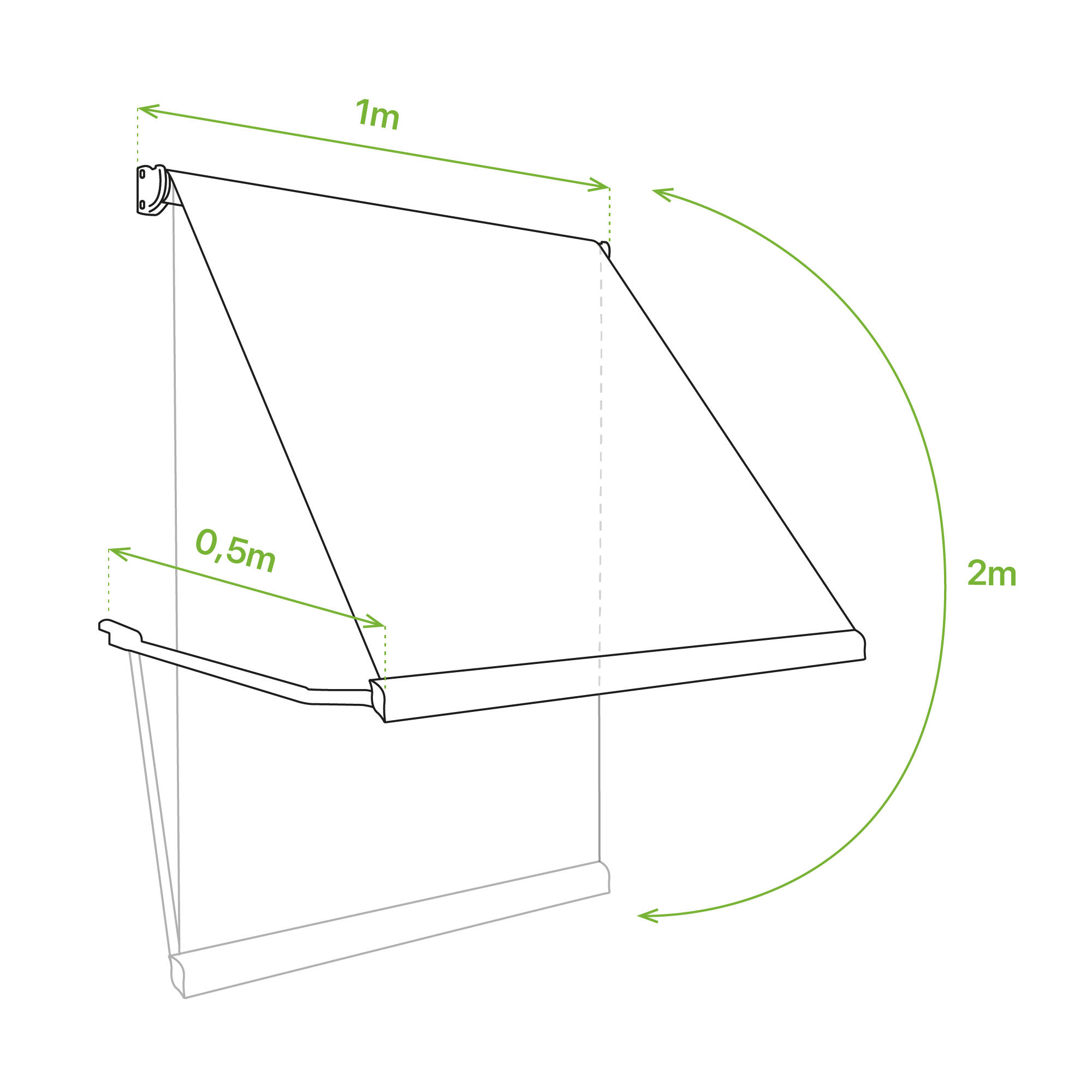 Toldo brazo estor balcón malibú motorizado estructura gris tela gris de 1x2m