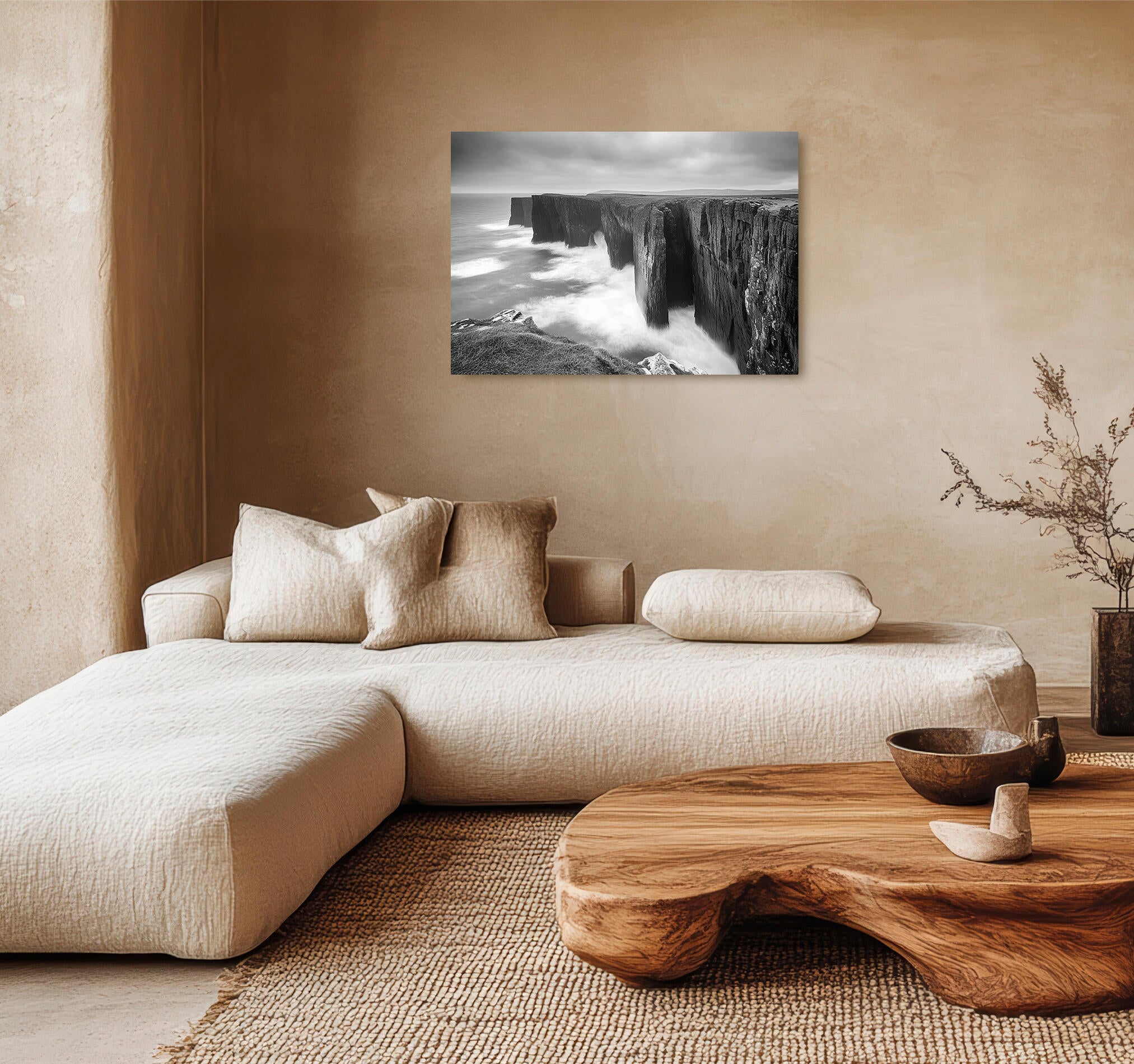 Objeto decorativo sin marco arte rectangular de 100 x 70 cm. mdf vistas acantilado pasteles cálidos