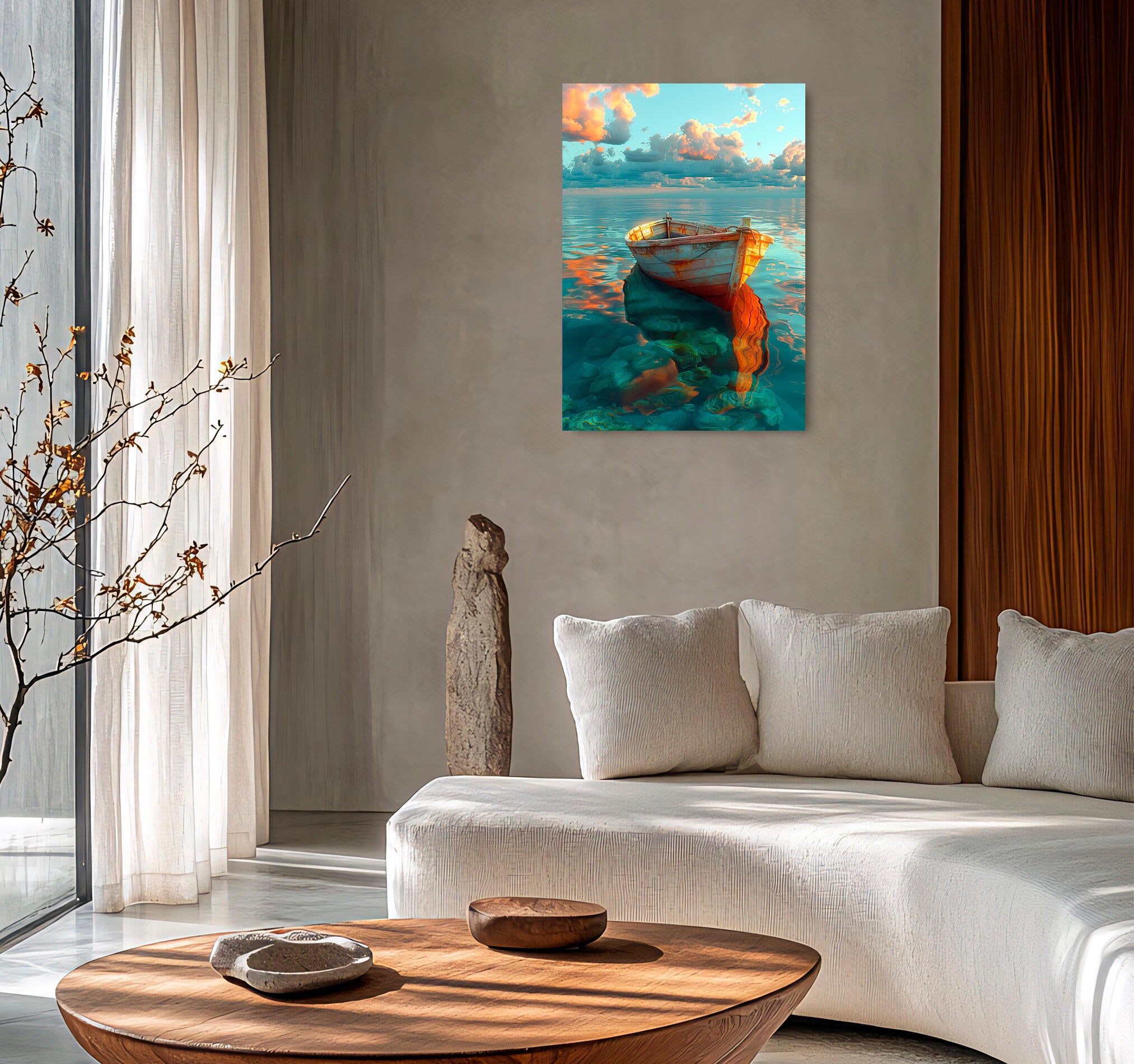 Objeto decorativo sin marco arte rectangular de 100 x 70 cm. mdf reflejo barca pasteles cálidos