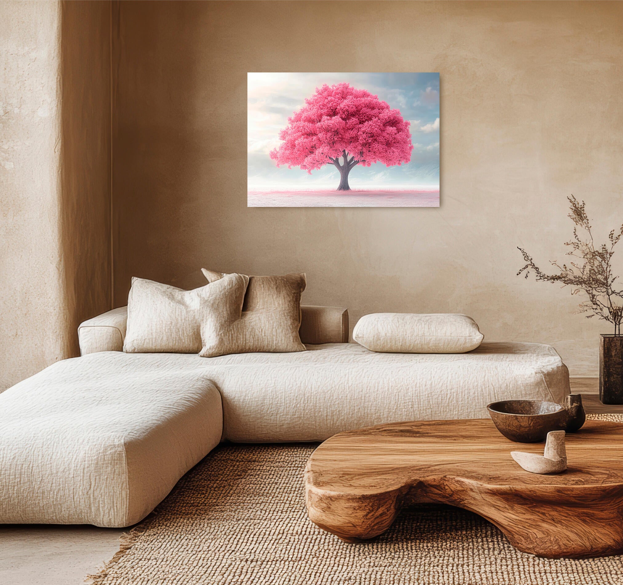 Objeto decorativo sin marco arte rectangular de 100 x 70 cm. mdf árbol fondo rosa pasteles cálidos
