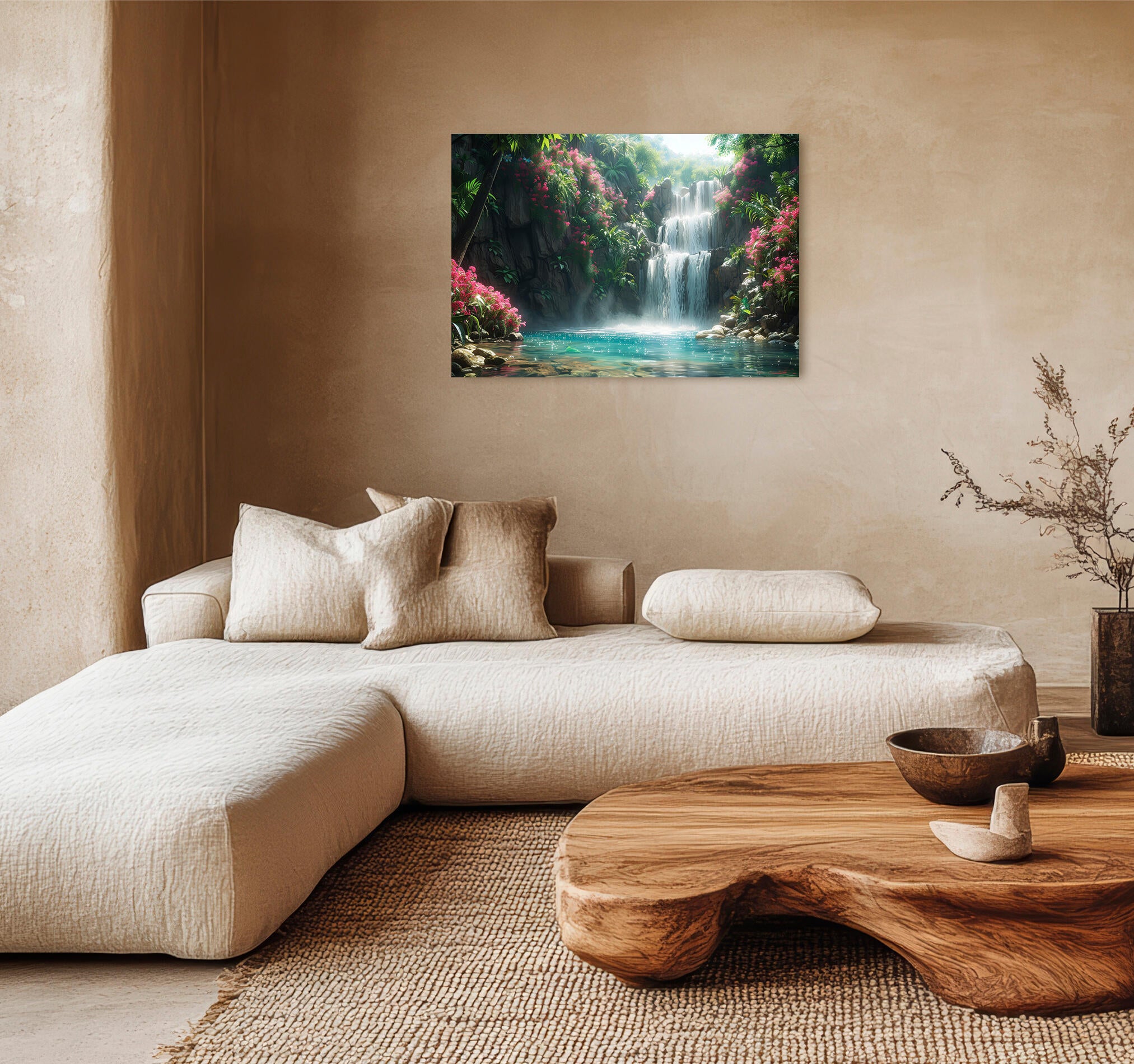 Objeto decorativo sin marco arte rectangular de 100 x 70 cm. mdf paisaje cascada pasteles cálidos