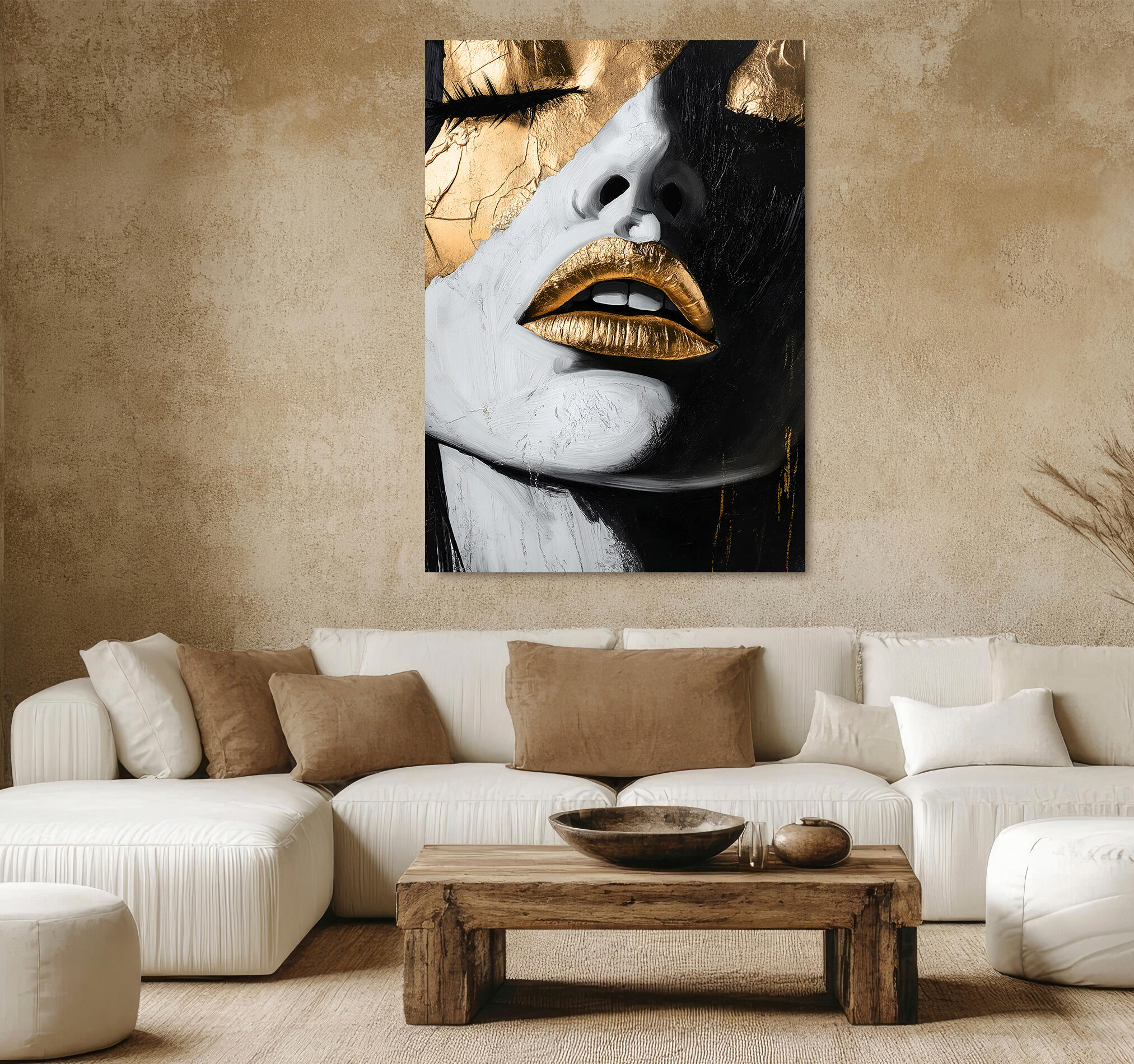 Cuadro impreso sin marco mujer labios oro 100 x 140 cm