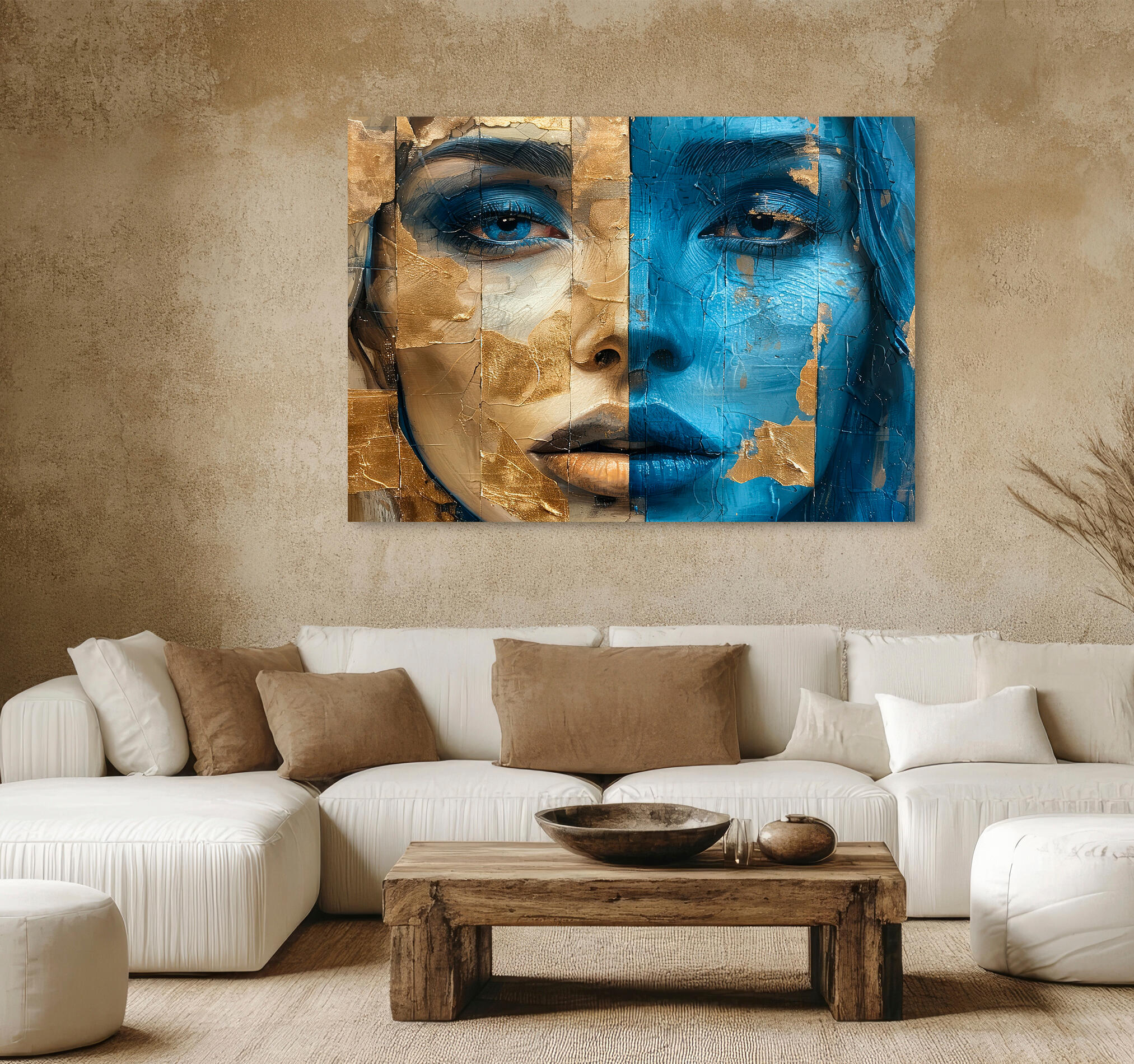 Cuadro impreso sin marco mujer oro azul 100 x 140 cm