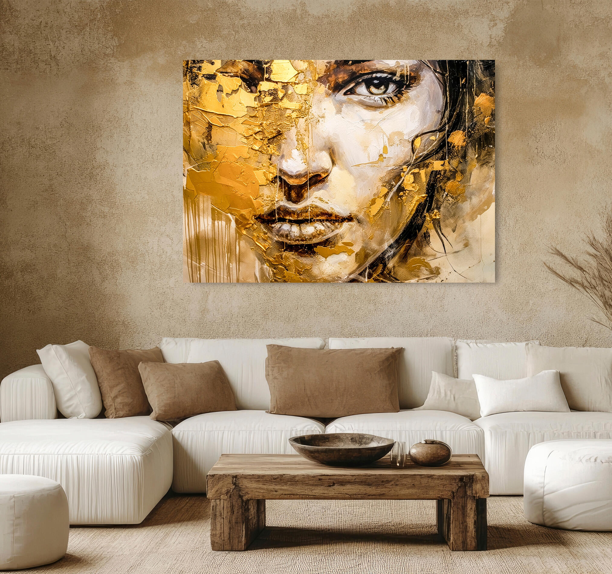 Cuadro impreso sin marco mujer difusa oro 100 x 140 cm