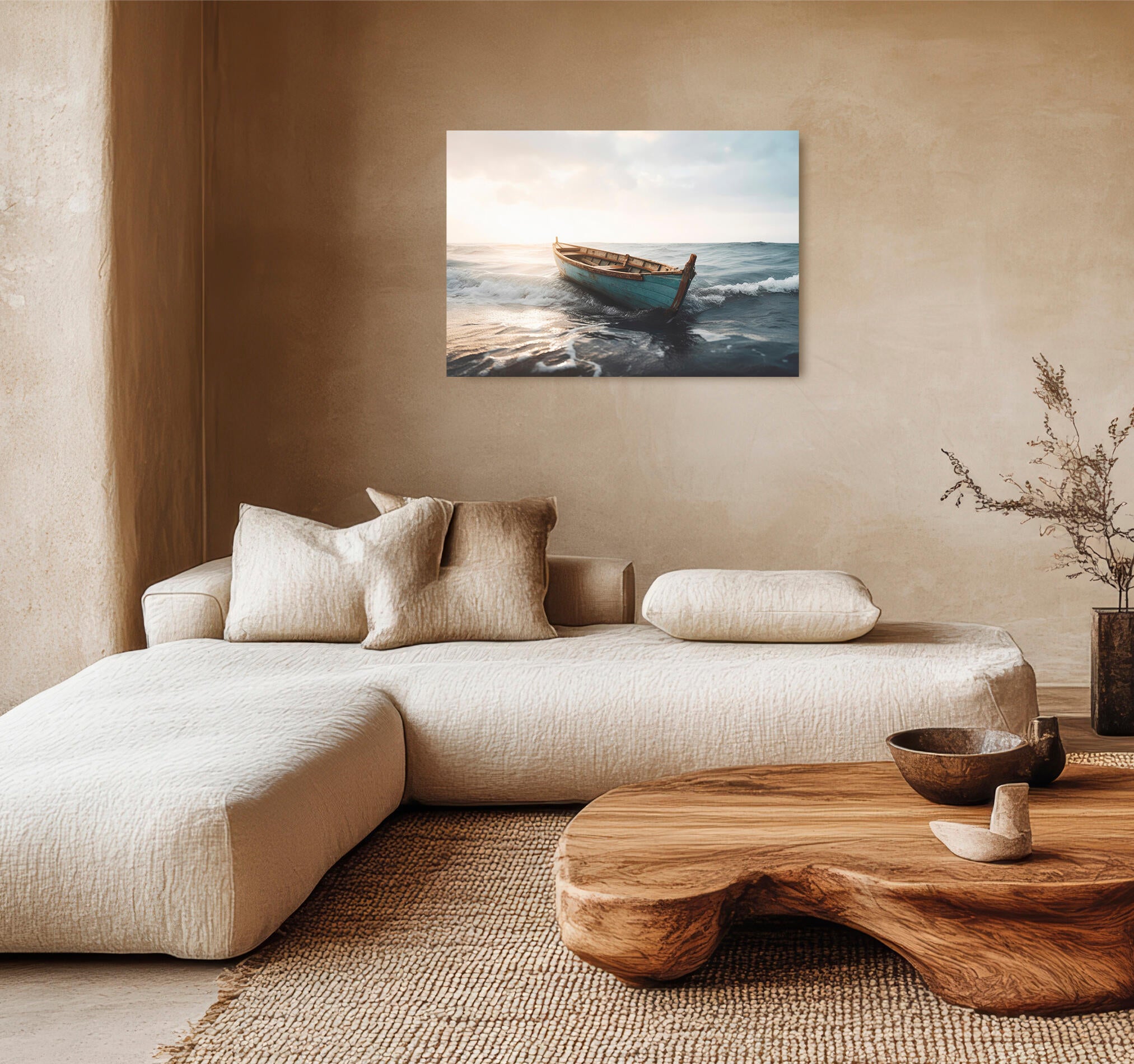 Objeto decorativo sin marco arte rectangular de 100 x 70 cm. mdf barca atardecer pasteles cálidos