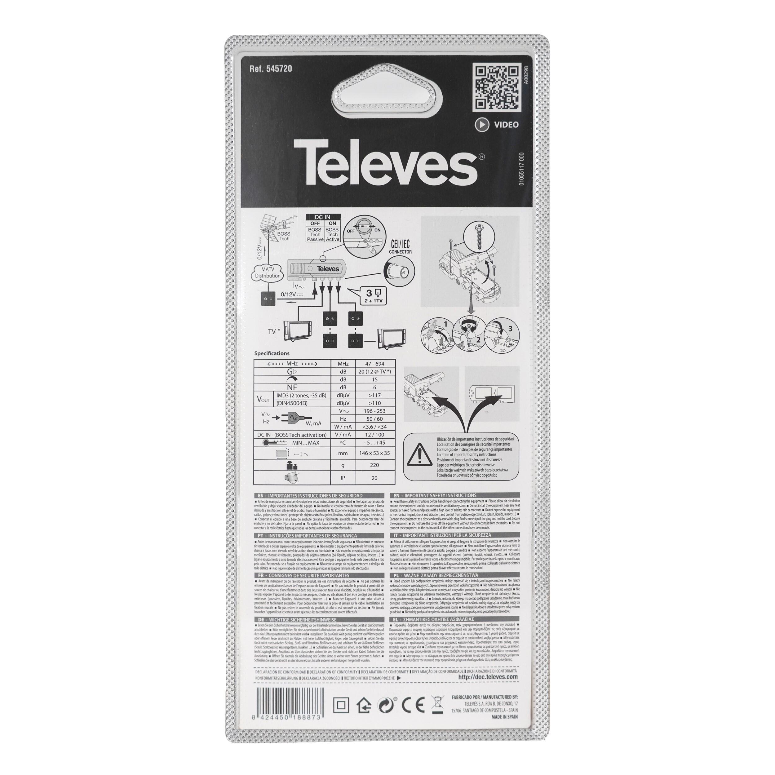 AMPLIFICADOR INTERIOR CEI 1E/2S +TV 790MHz TELEVES - 2