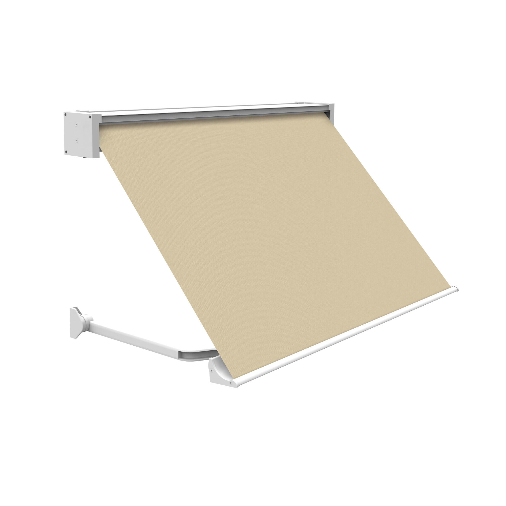Toldo brazo punto recto ventana sabana motorizado cofre blanco tela beige 2x1m