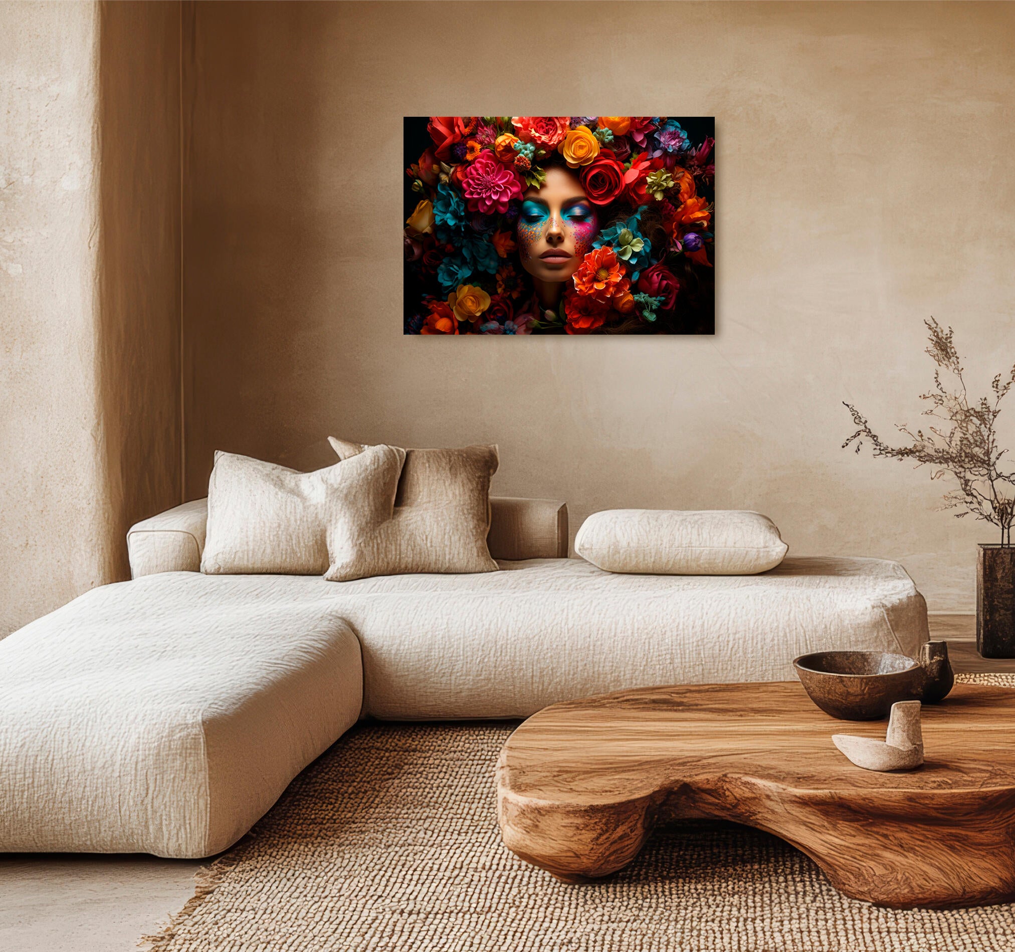 Objeto decorativo sin marco arte de 100 x 70 cm. mdf mujer fondo flores multicolor