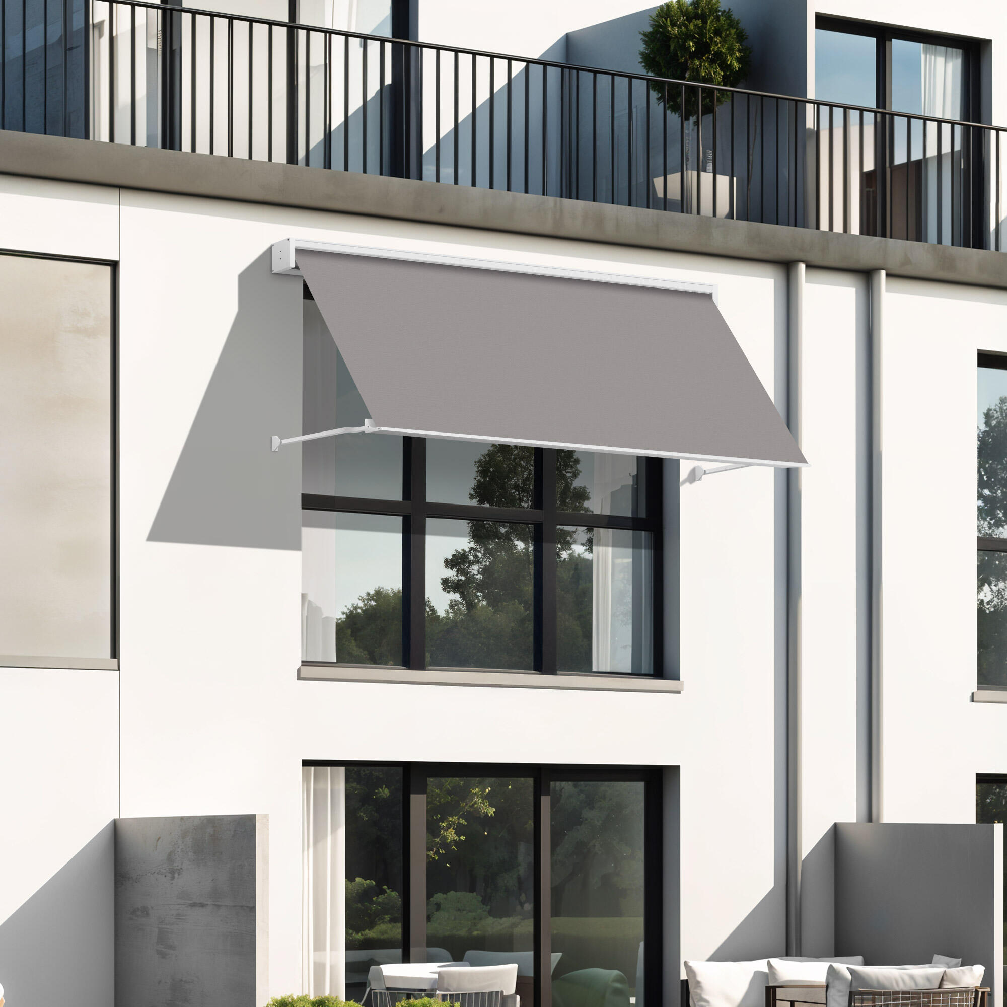 Toldo brazo punto recto ventana sabana motorizado cofre blanco tela gris 3.5x1m