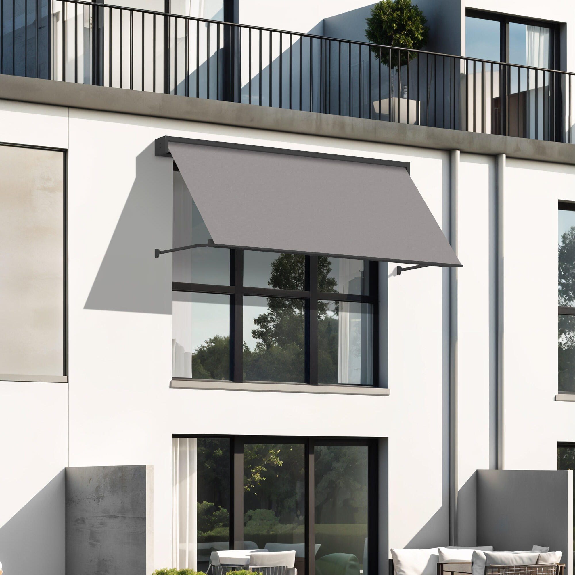 Toldo brazo punto recto ventana sabana motorizado cofre gris tela gris 3x1m