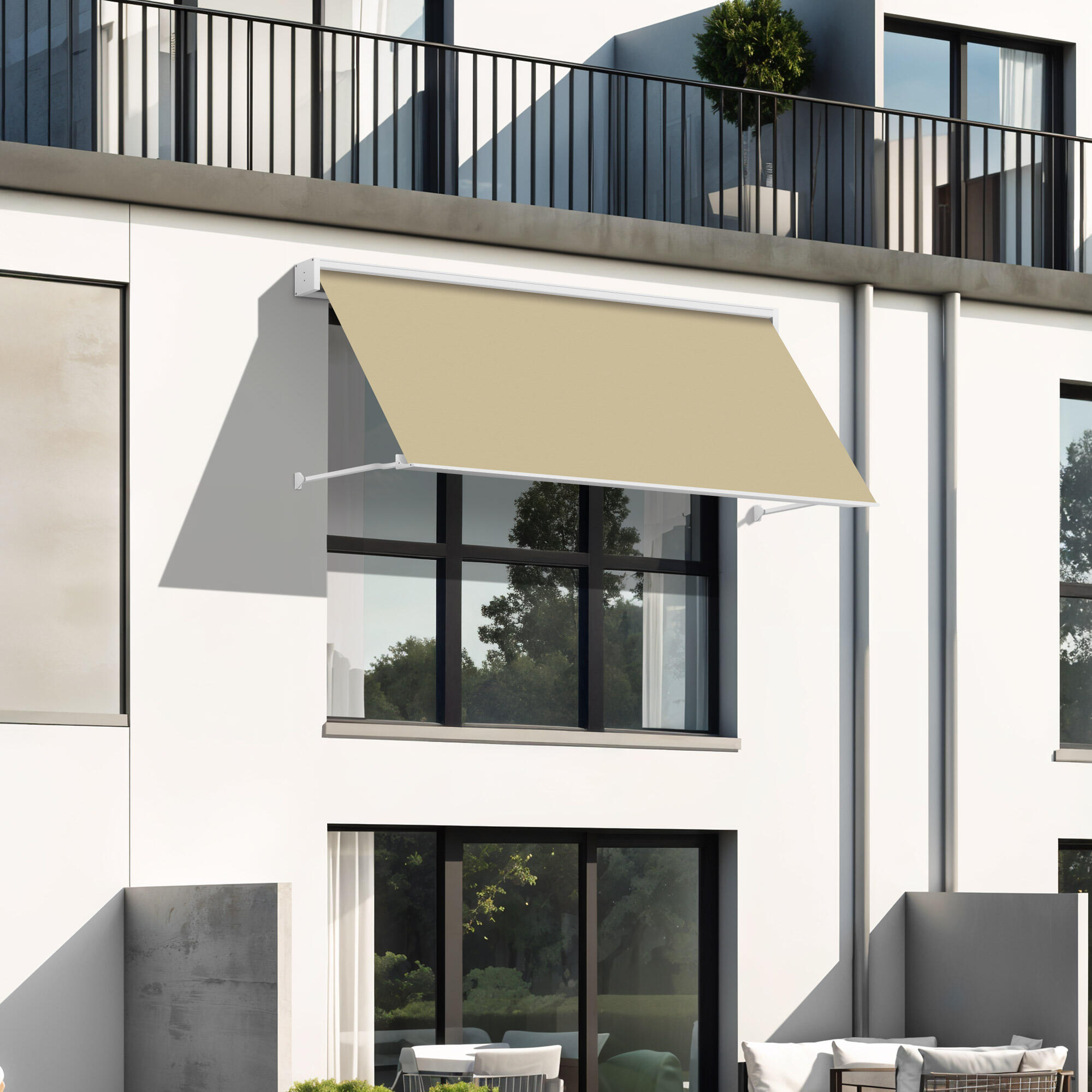 Toldo brazo punto recto ventana sabana manual cofre blanco tela beige 2.5x1m