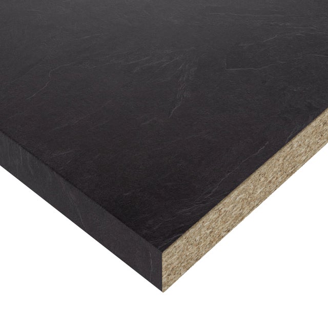 Piano cucina in truciolare rivestito in laminato hpl marmo nero Luserna L 304 x P 63 cm, spessore 3.8 cm