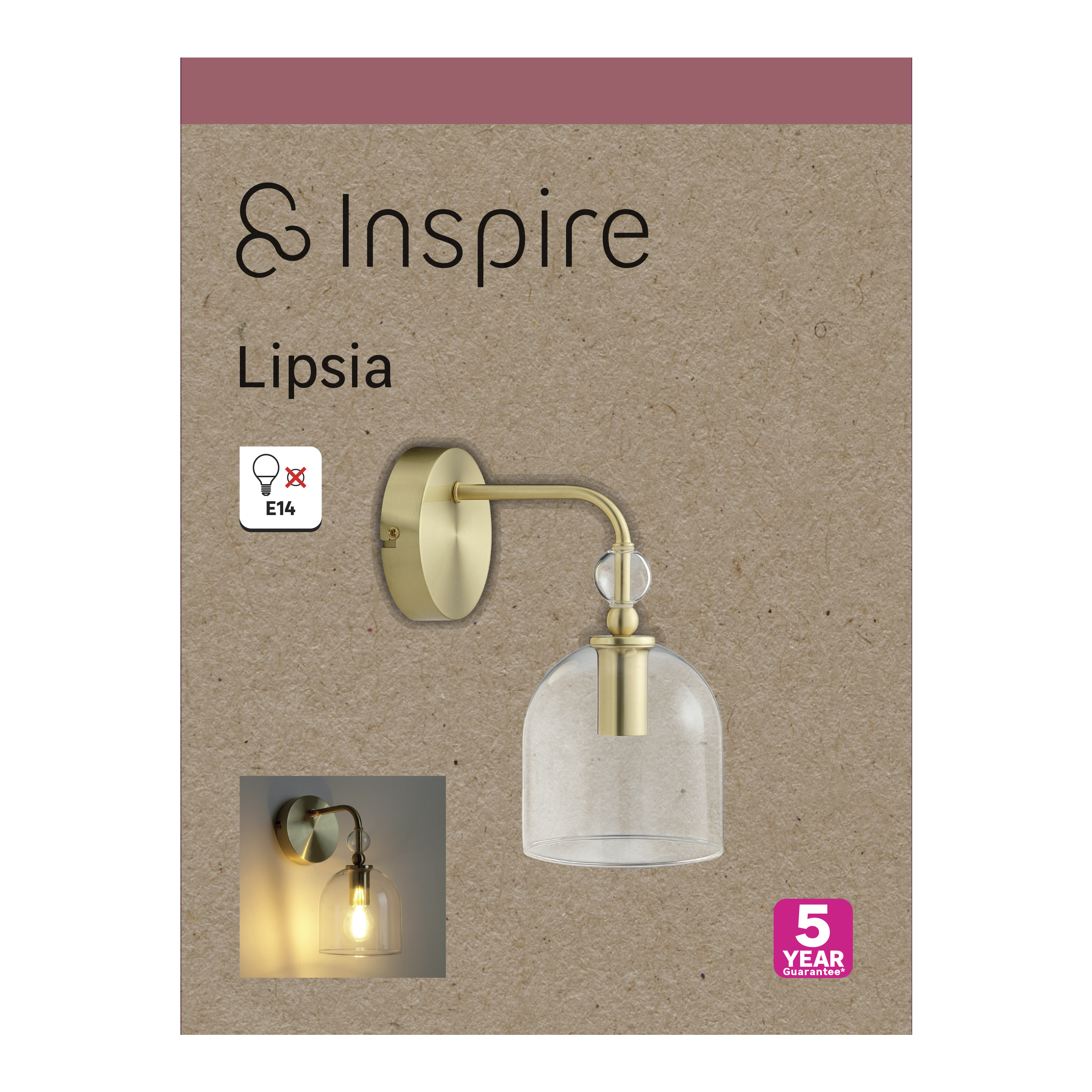 Aplique de pared para salón Lipsia INSPIRE de vidrio dorado y de acero compatible con casquillo E14 IP20 - 5