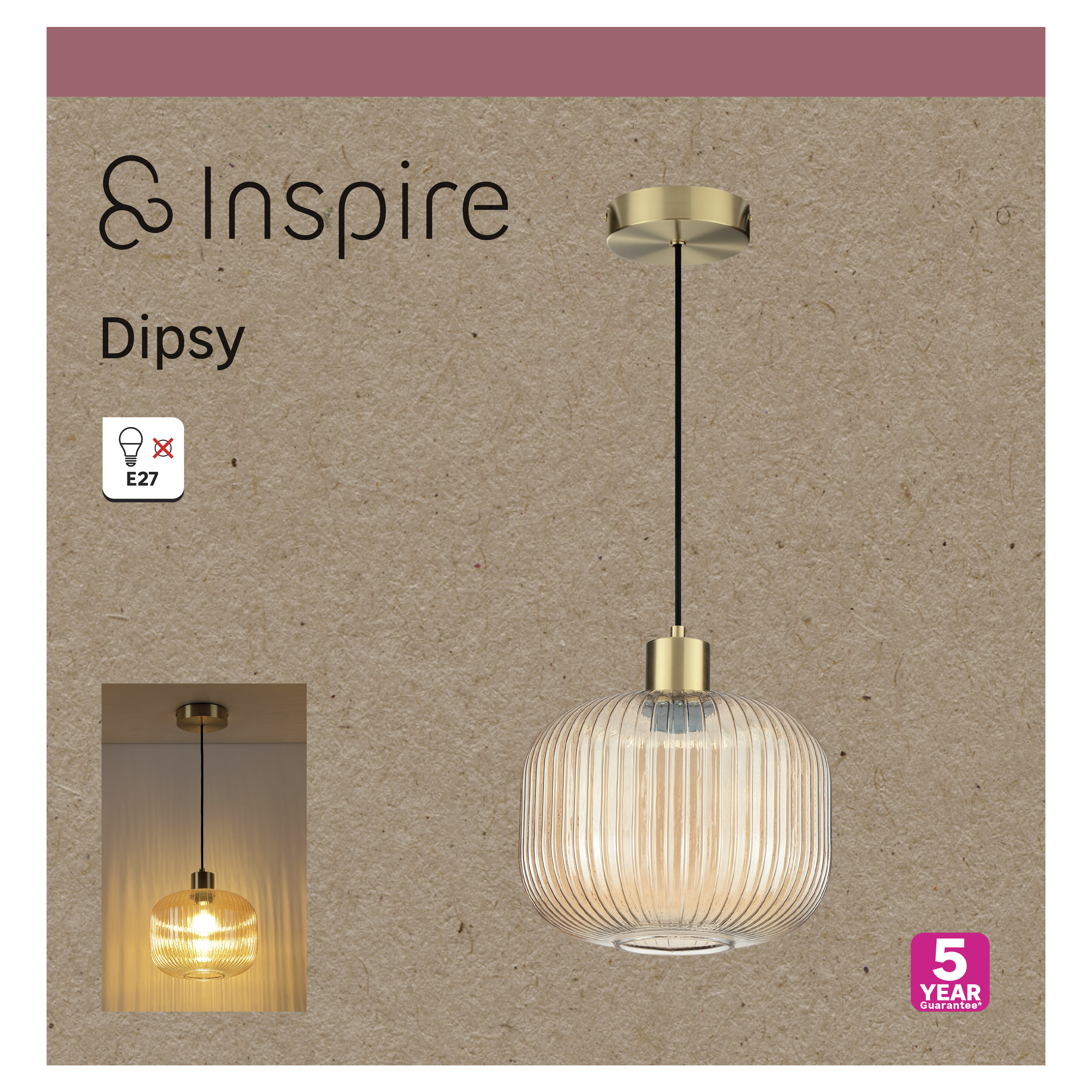 Lampadario Glamour Dipsy dorato paralume ambrato E27 Ø25cm INSPIRE - 14