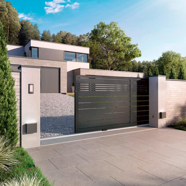 Portail coulissant aluminium Valréa gris, l.350 x H.152 cm