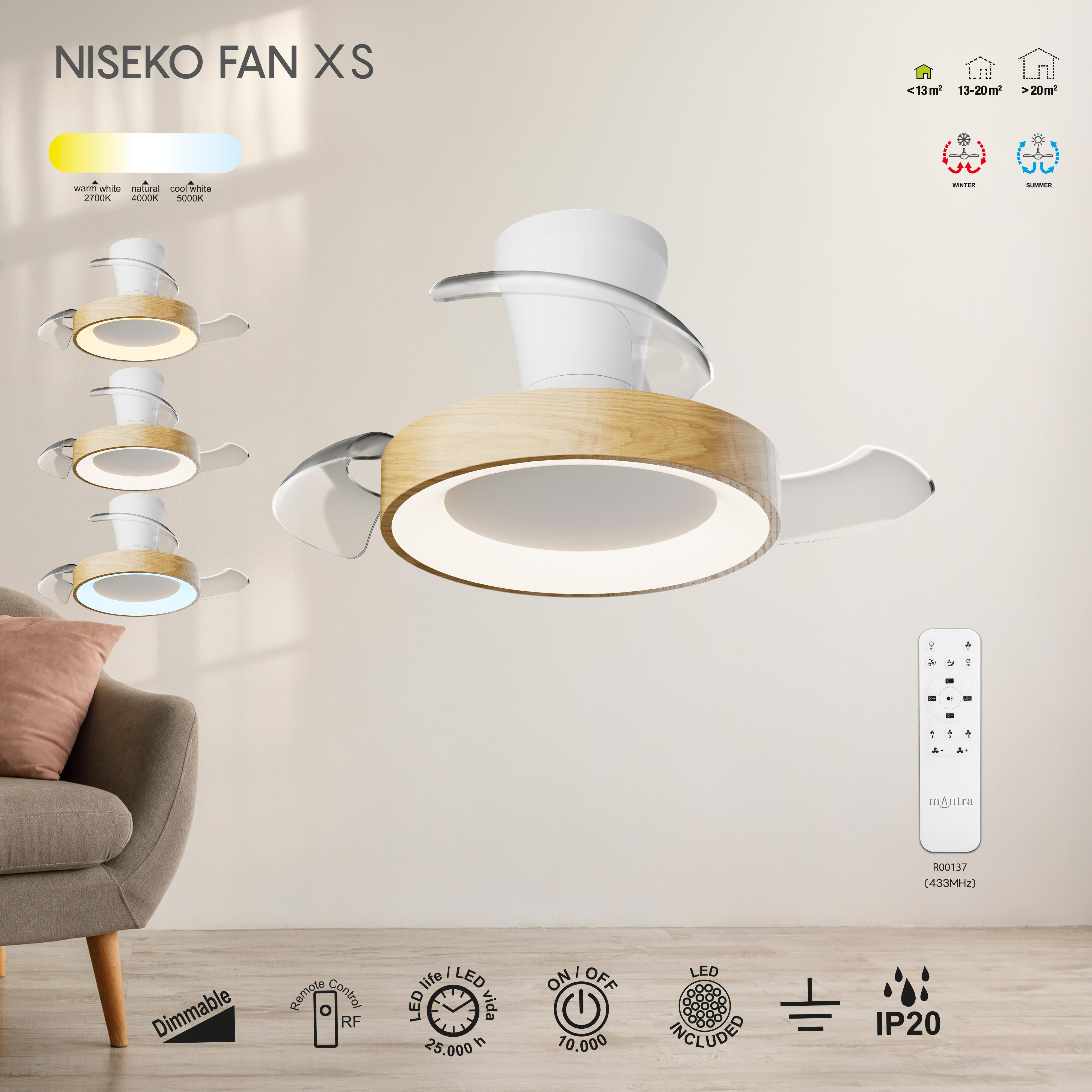 Ventilador de techo con luz silencioso DC 25W con mando ø71 cm Niseko MANTRA marrón luz CCT 3 aspas retráctiles tipo lámpara| 3 velocidades| modo verano/invierno| recomendado para <13m² - 7