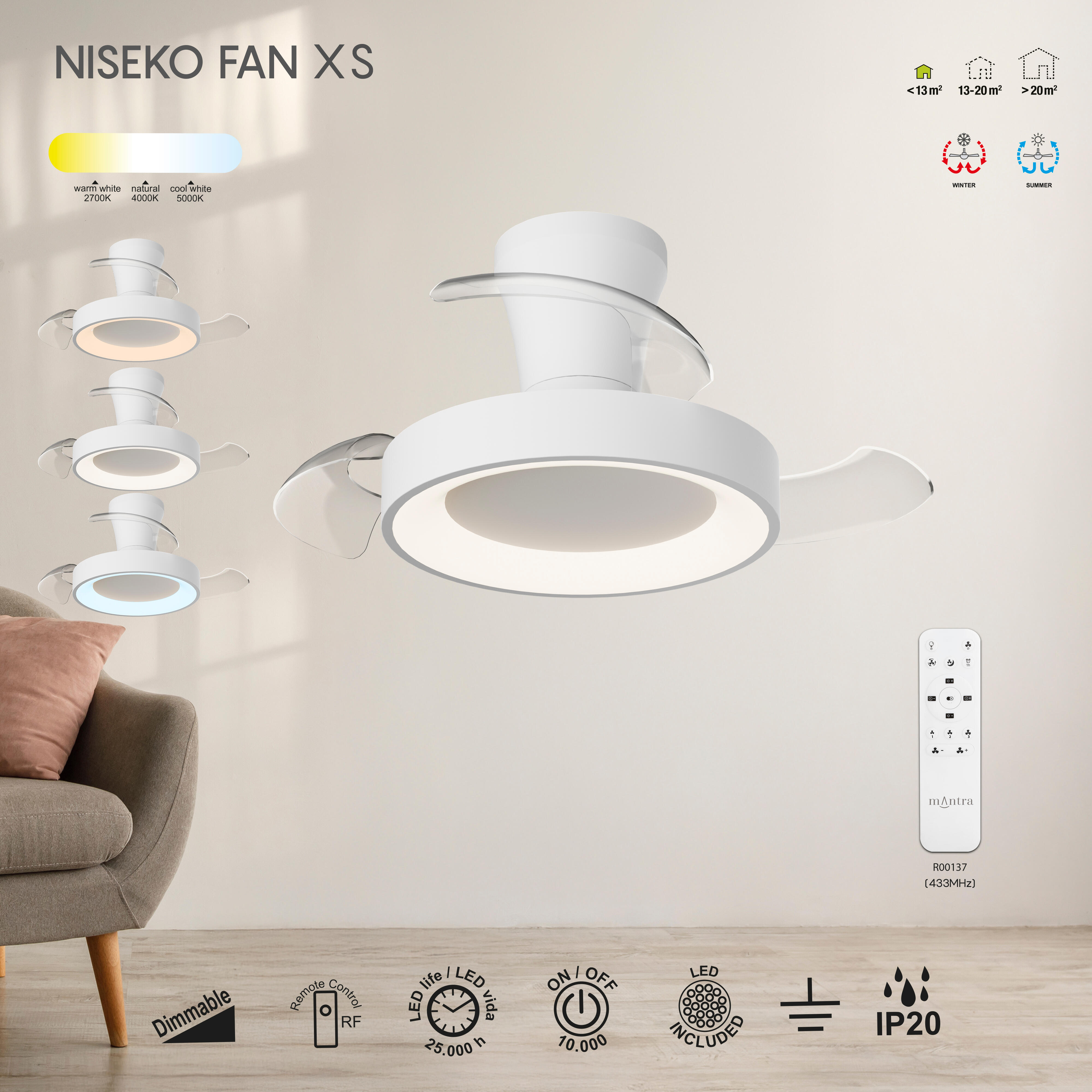 Ventilador de techo con luz silencioso DC 25W con mando ø71 cm Niseko MANTRA blanco luz CCT 3 aspas retráctiles tipo lámpara| 6 velocidades| modo verano/invierno| recomendado para <13m² - 7