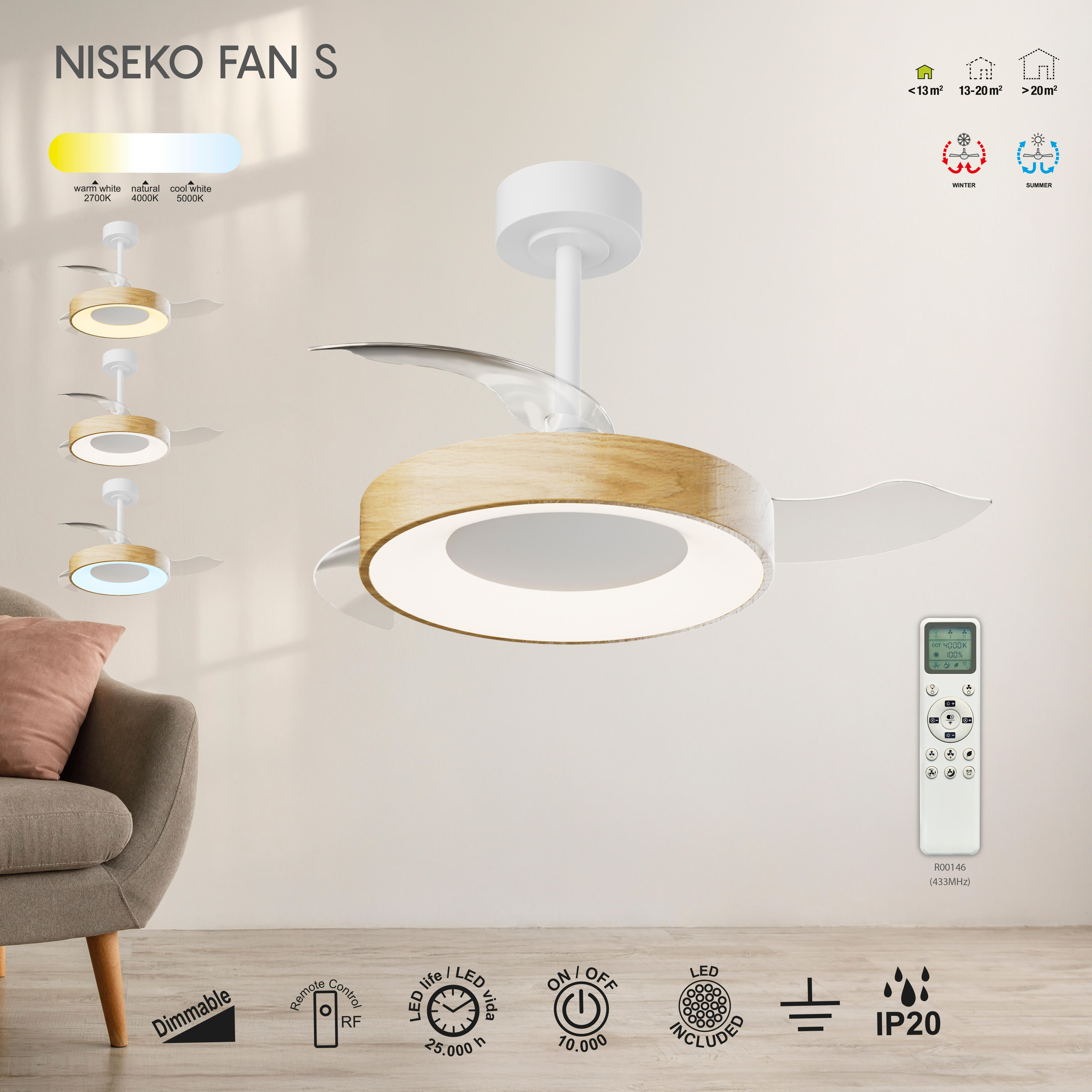 Ventilador de techo con luz silencioso DC 25W con mando ø91 cm Niseko MANTRA marrón luz CCT 3 aspas retráctiles tipo lámpara| 8 velocidades| modo verano/invierno| brisa| recomendado para <13m² - 7
