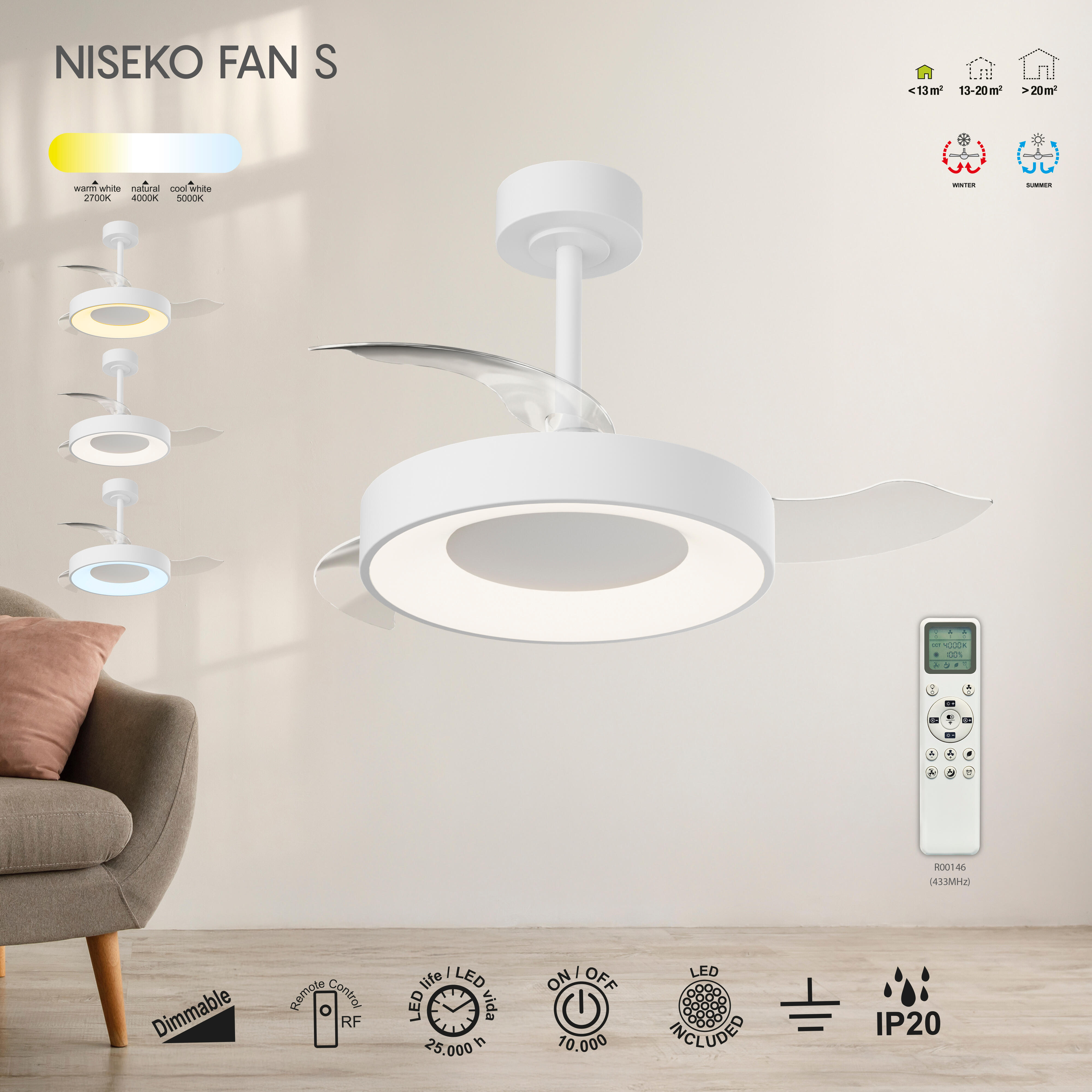 Ventilador de techo con luz silencioso DC 25W con mando ø91 cm Niseko MANTRA blanco luz CCT 3 aspas retráctiles tipo lámpara| 8 velocidades| modo verano/invierno| brisa| recomendado para <13m² - 7