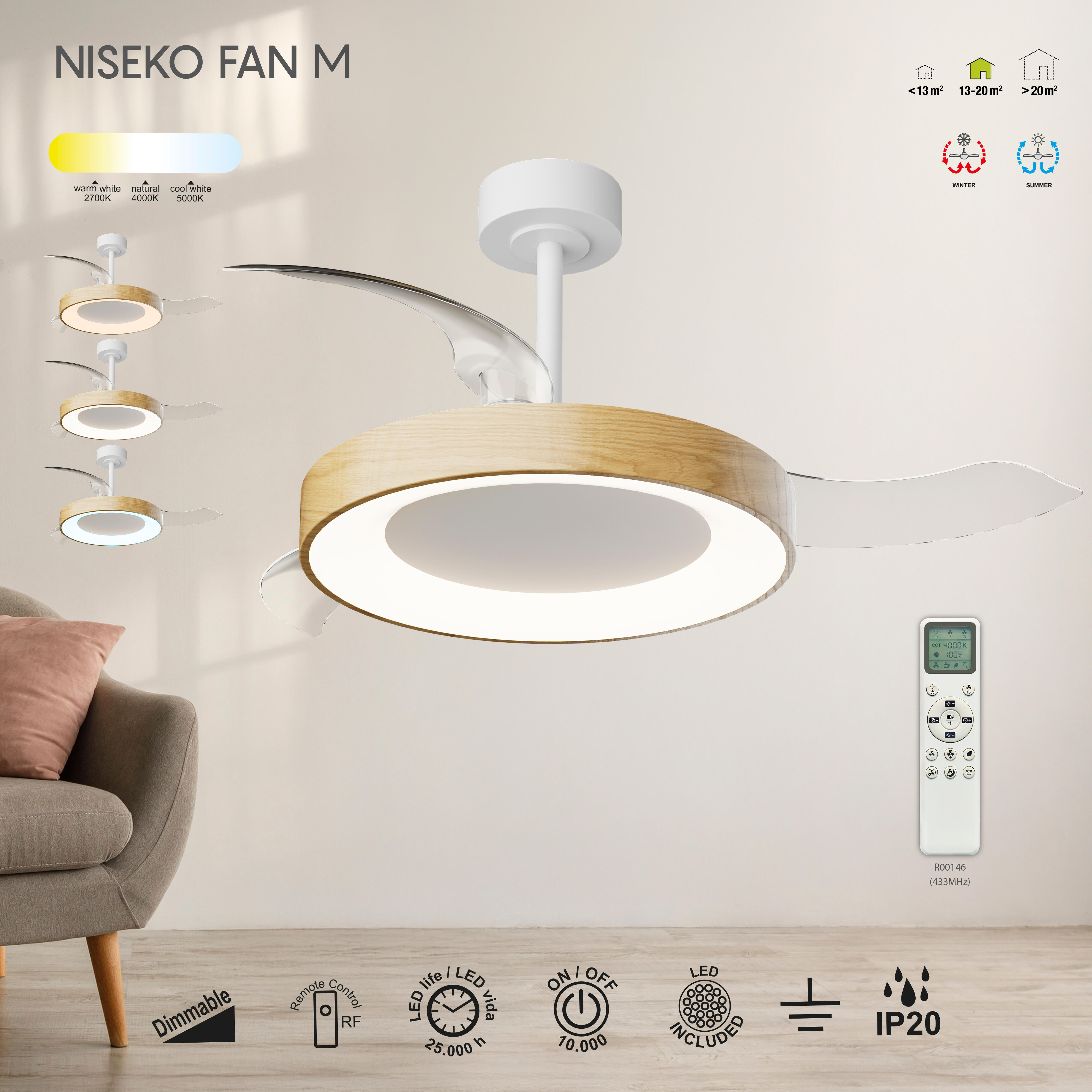 Ventilador de techo con luz silencioso DC 30W con mando ø106 cm Niseko MANTRA marrón luz CCT 3 aspas retráctiles tipo lámpara| 8 velocidades| modo verano/invierno| brisa| recomendado de 13 a 20m² - 7
