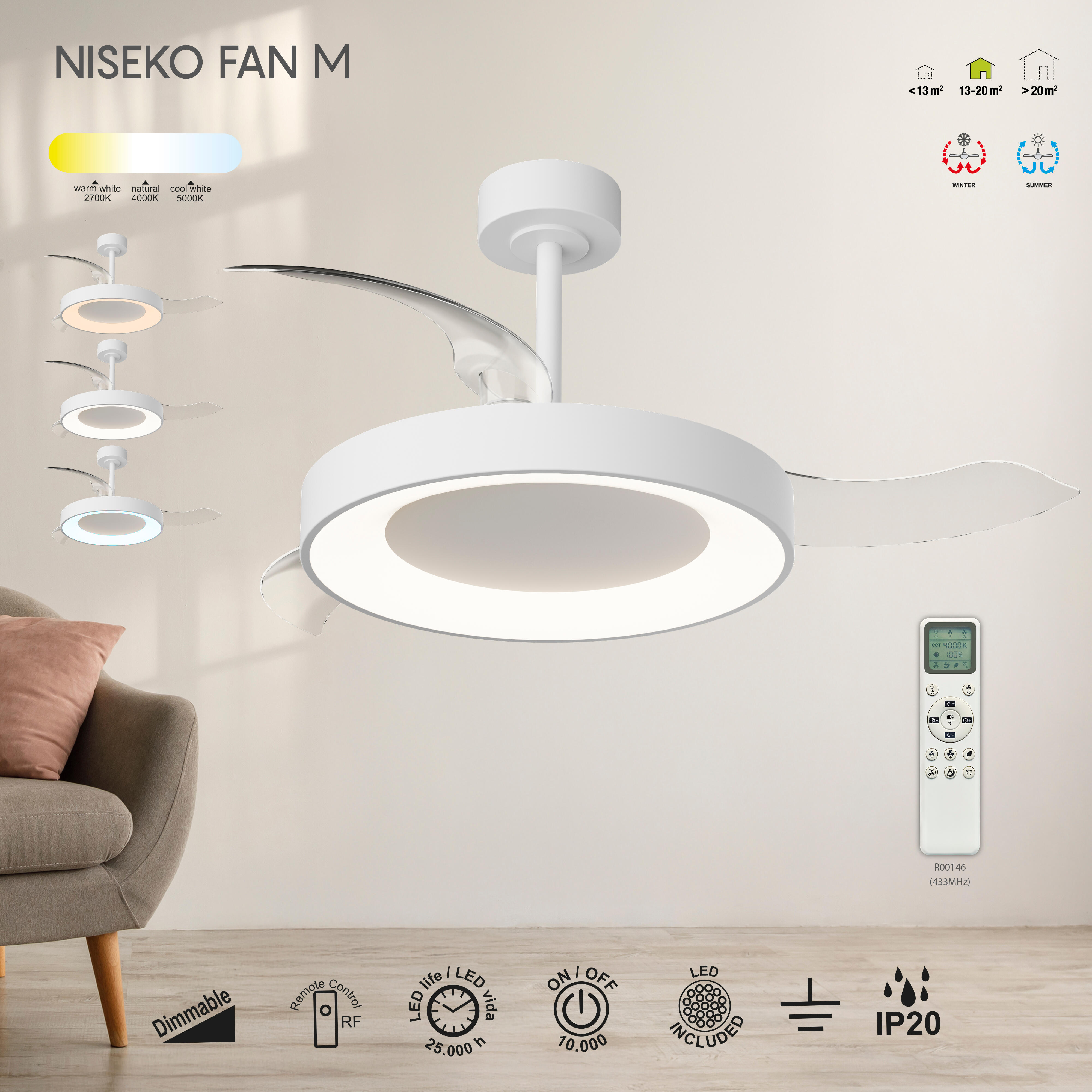 Ventilador de techo con luz silencioso DC 30W con mando ø106 cm Niseko MANTRA blanco luz CCT 3 aspas retráctiles tipo lámpara| 8 velocidades| modo verano/invierno| brisa| recomendado de 13 a 20m² - 7