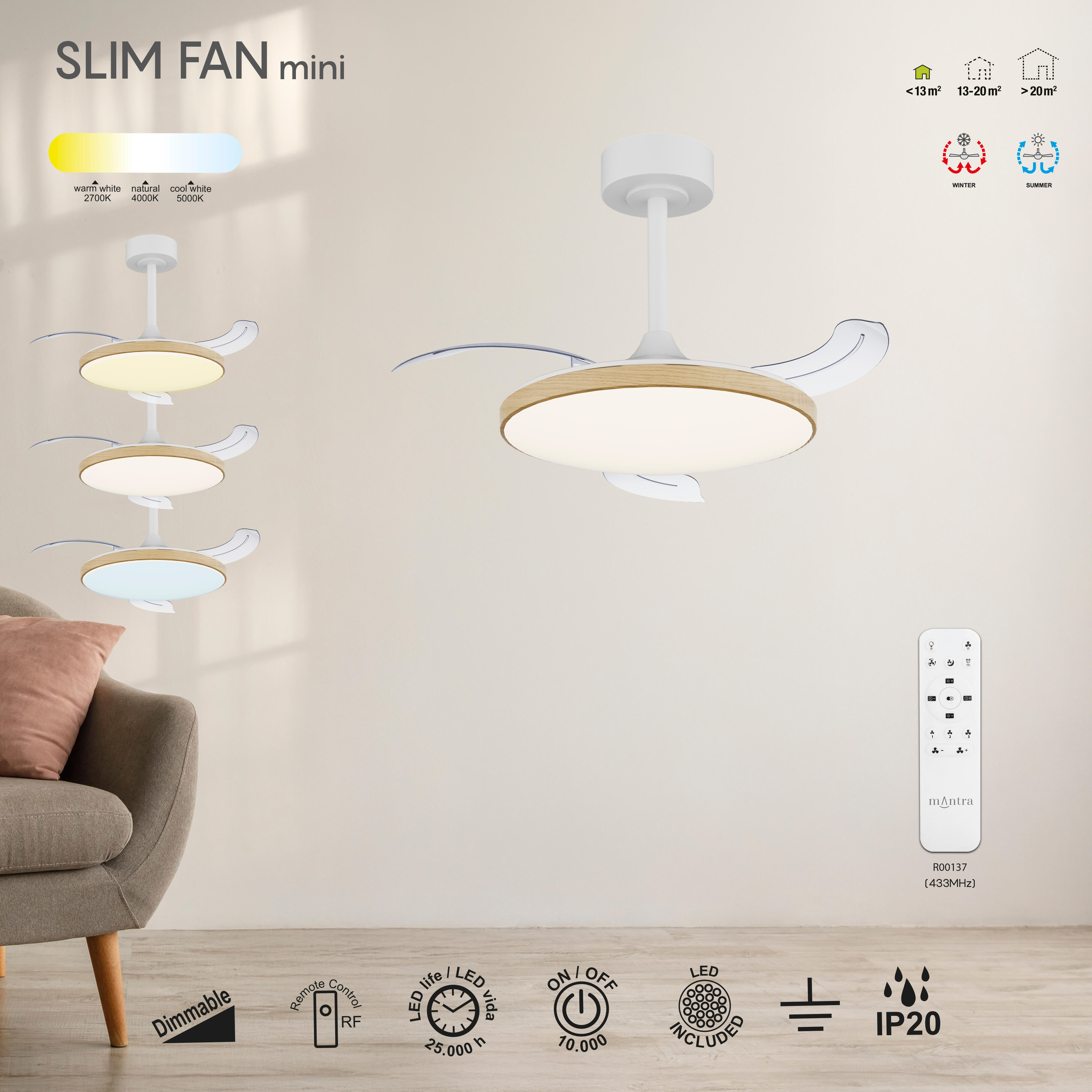 Ventilador de techo con luz silencioso DC 25W con mando ø90 cm Slim MANTRA marrón luz CCT 3 aspas retráctiles tipo lámpara| 3 velocidades| modo verano/invierno| recomendado para <13m² - 8