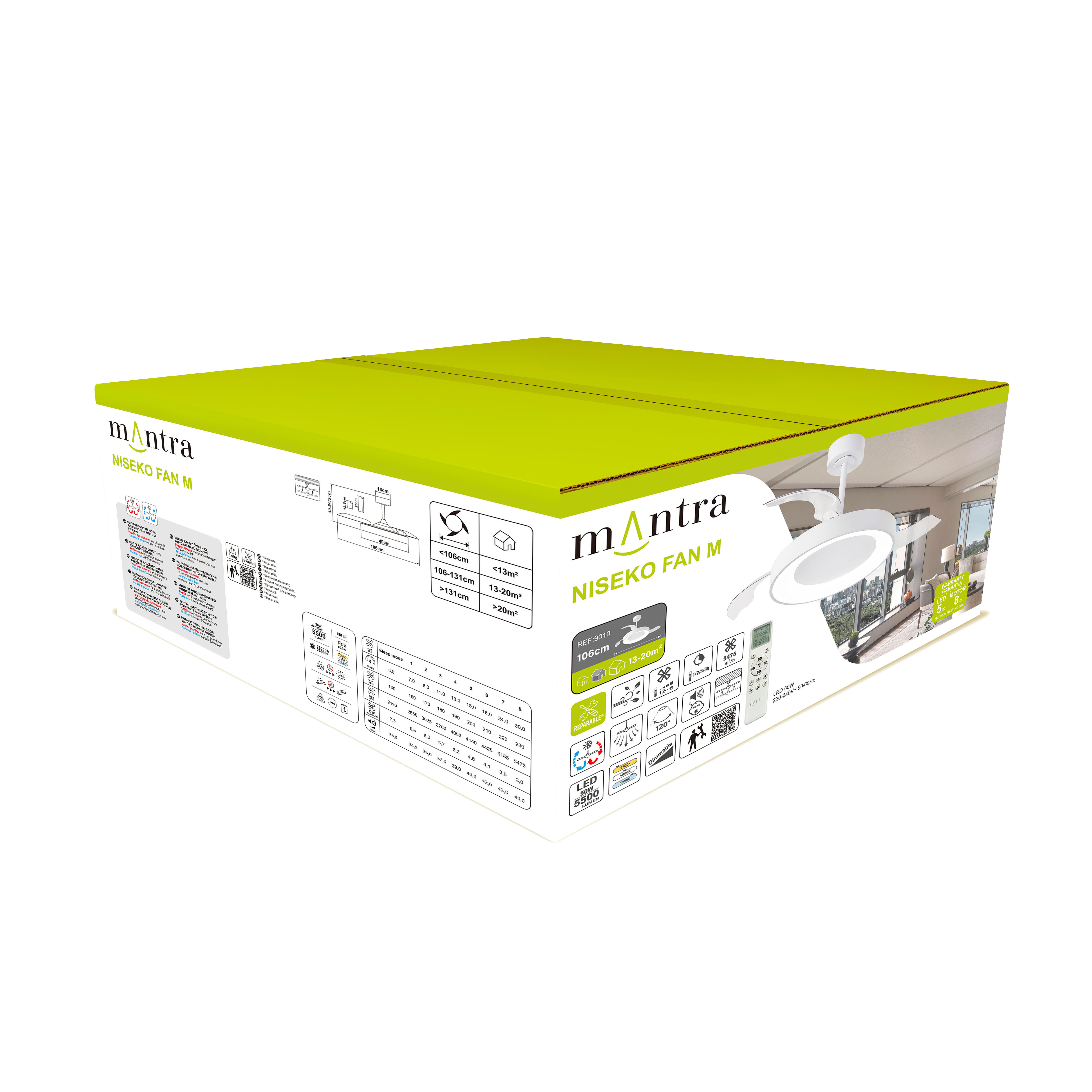 Ventilador de techo con luz silencioso DC 30W con mando ø106 cm Niseko MANTRA blanco luz CCT 3 aspas retráctiles tipo lámpara| 8 velocidades| modo verano/invierno| brisa| recomendado de 13 a 20m² - 11
