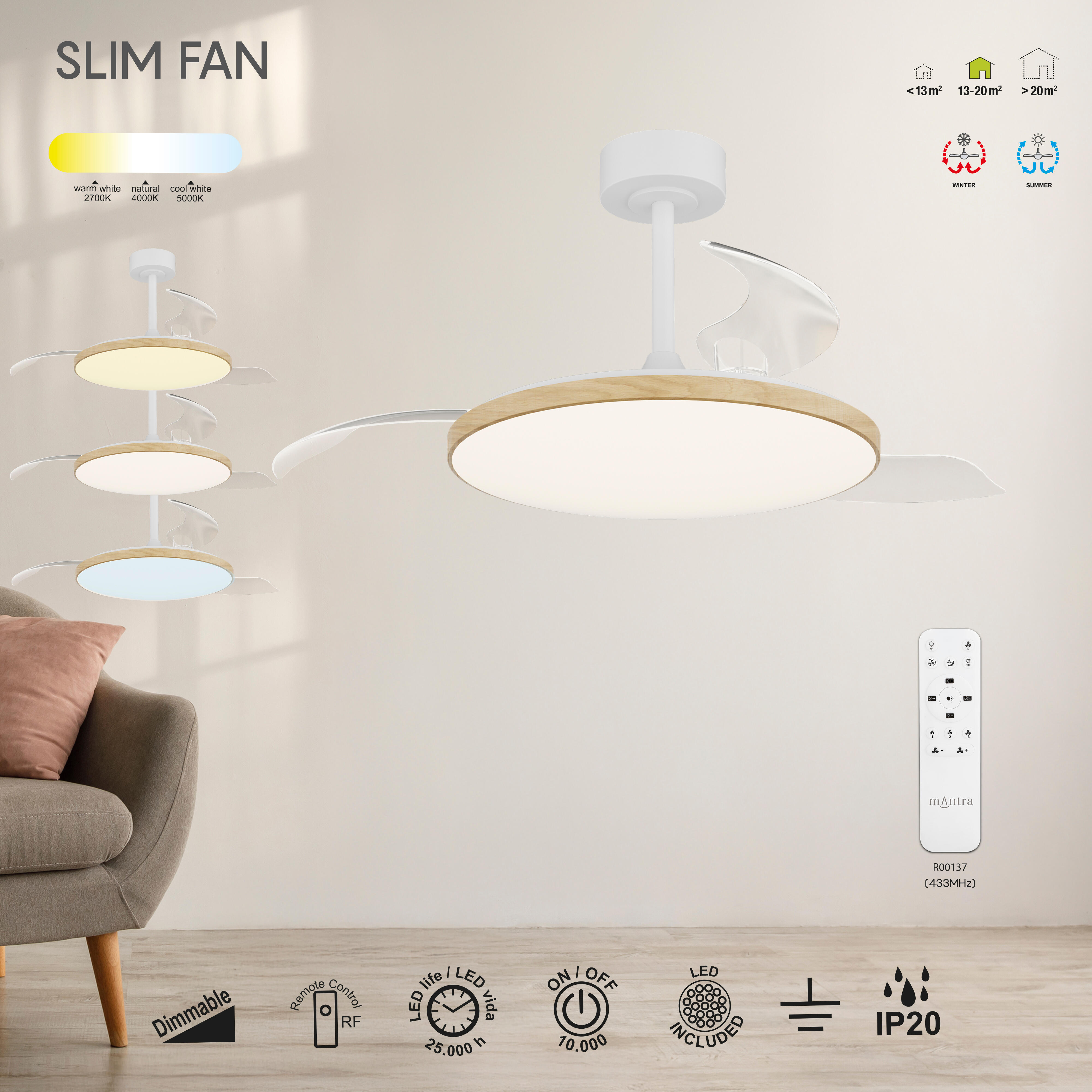 Ventilador de techo con luz silencioso DC 30W con mando ø106 cm Slim MANTRA marrón luz CCT 3 aspas retráctiles tipo lámpara | 3 velocidades| modo verano/invierno| recomendado de 13 a 20m² - 5