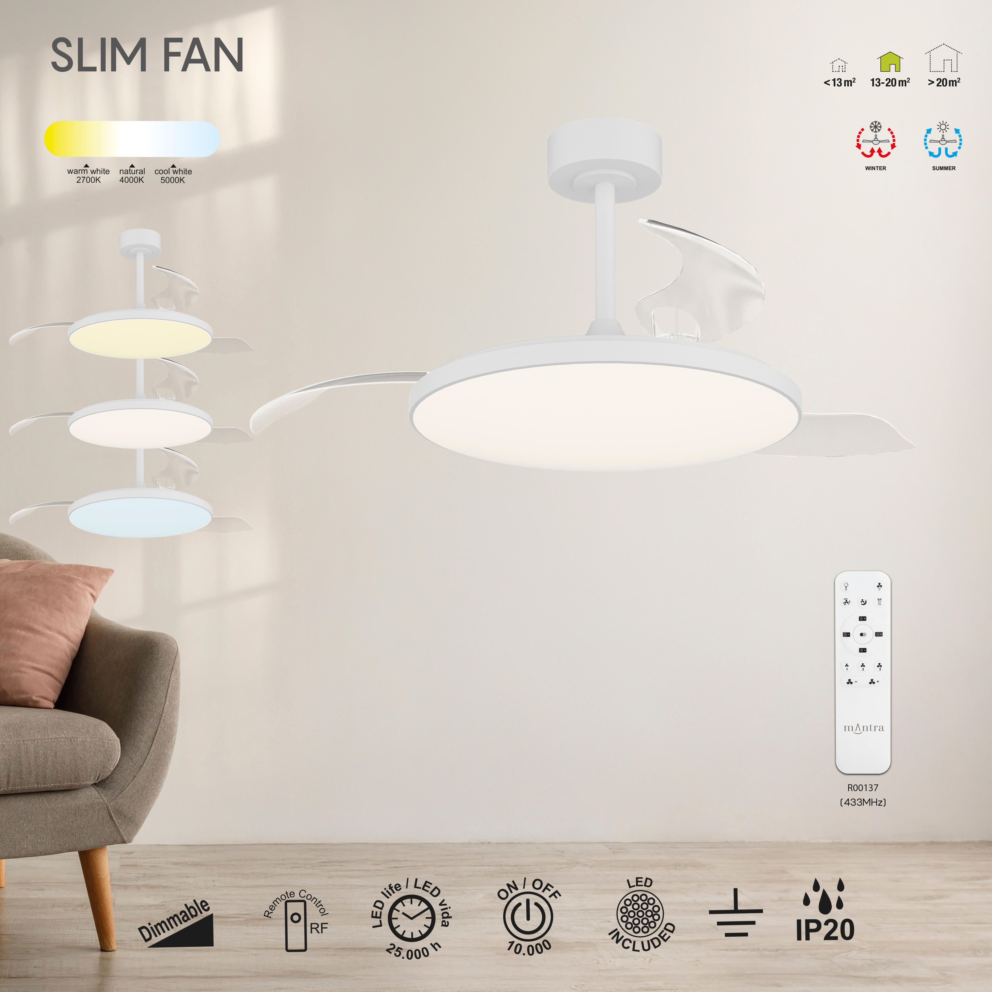 Ventilador de techo con luz silencioso DC 30W con mando ø106 cm Slim MANTRA blanco luz CCT 3 aspas retráctiles tipo lámpara| 3 velocidades| modo verano/invierno| recomendado de 13 a 20m² - 7