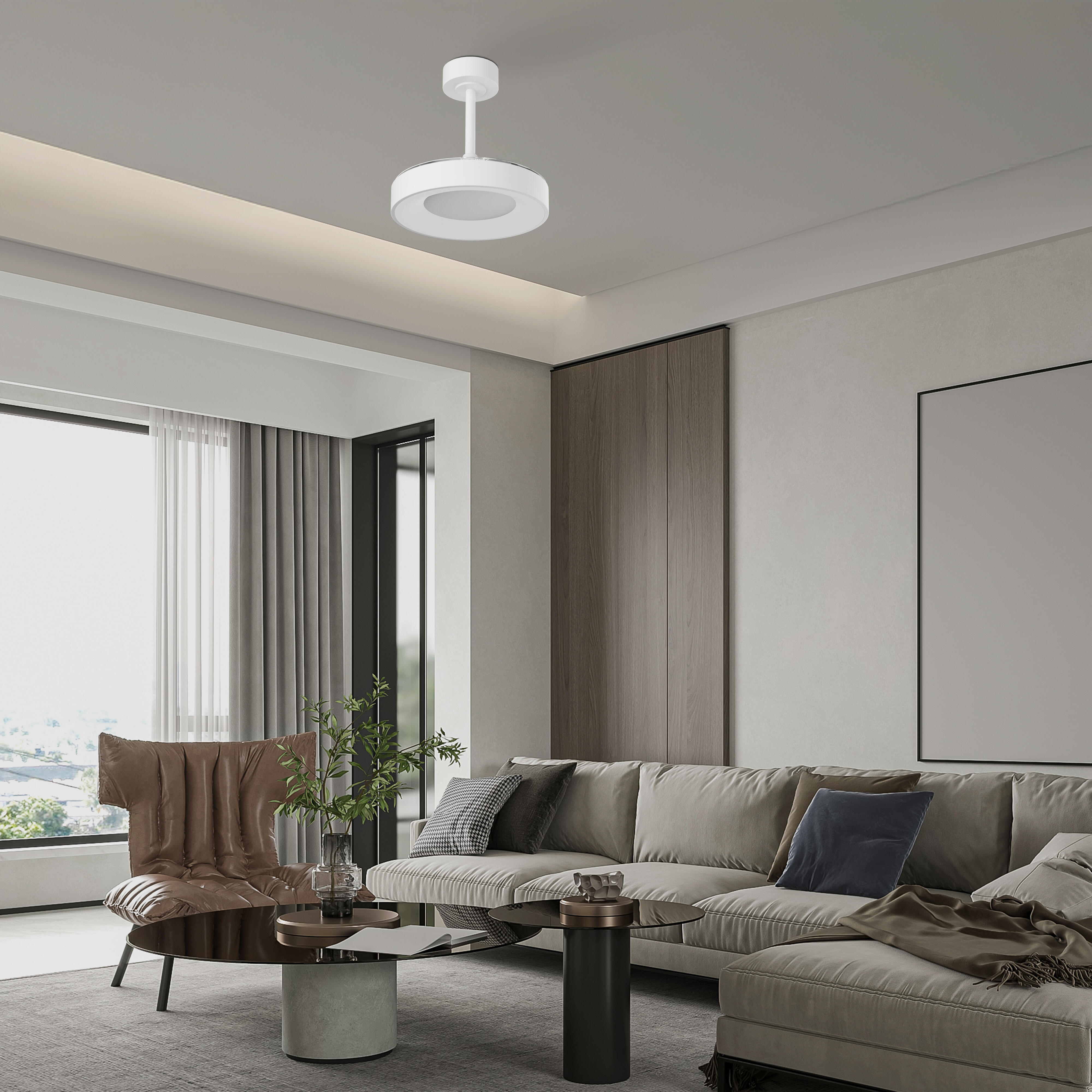 Ventilador de techo con luz silencioso DC 25W con mando ø91 cm Niseko MANTRA blanco luz CCT 3 aspas retráctiles tipo lámpara| 8 velocidades| modo verano/invierno| brisa| recomendado para <13m² - 14