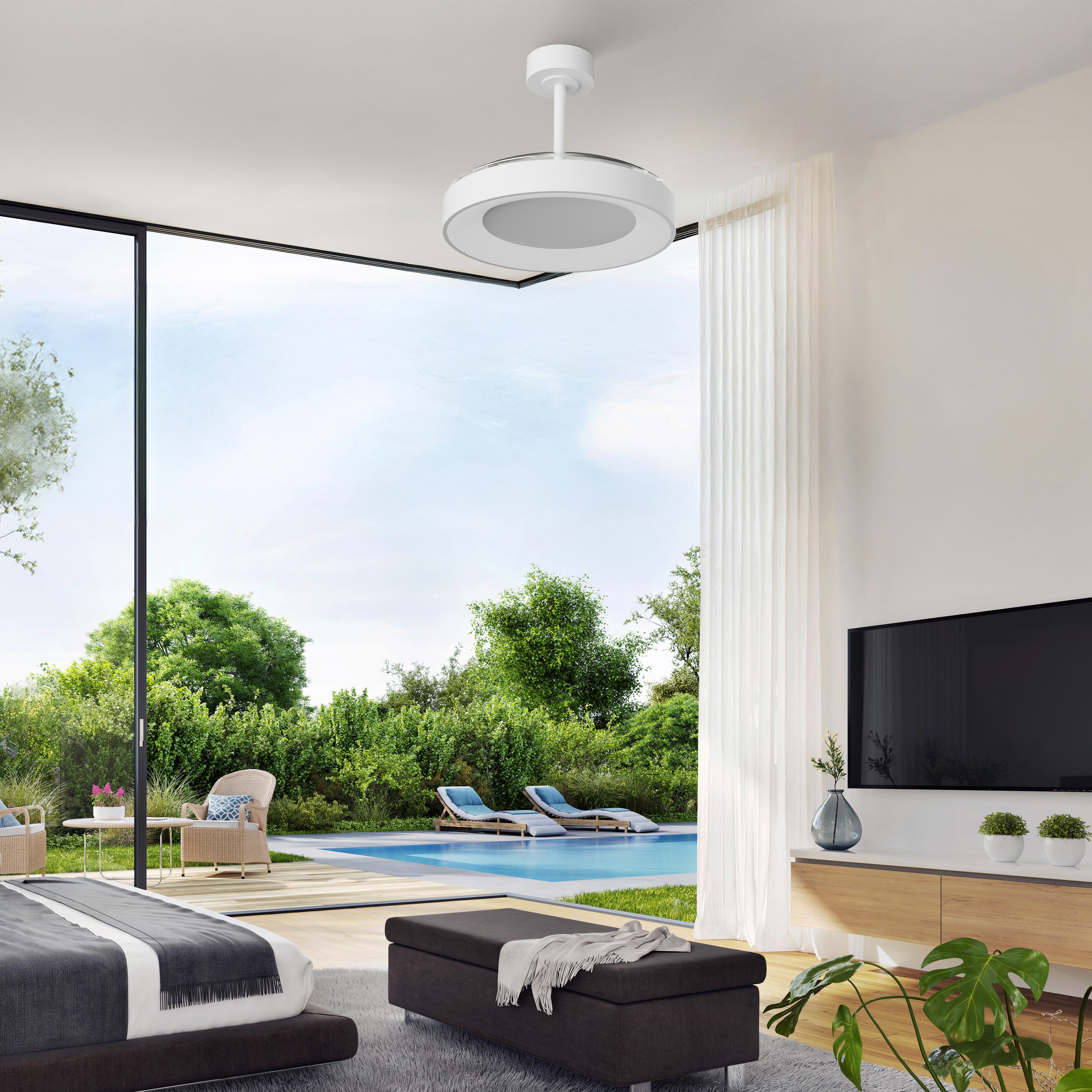 Ventilador de techo con luz silencioso DC 30W con mando ø106 cm Niseko MANTRA blanco luz CCT 3 aspas retráctiles tipo lámpara| 8 velocidades| modo verano/invierno| brisa| recomendado de 13 a 20m² - 18