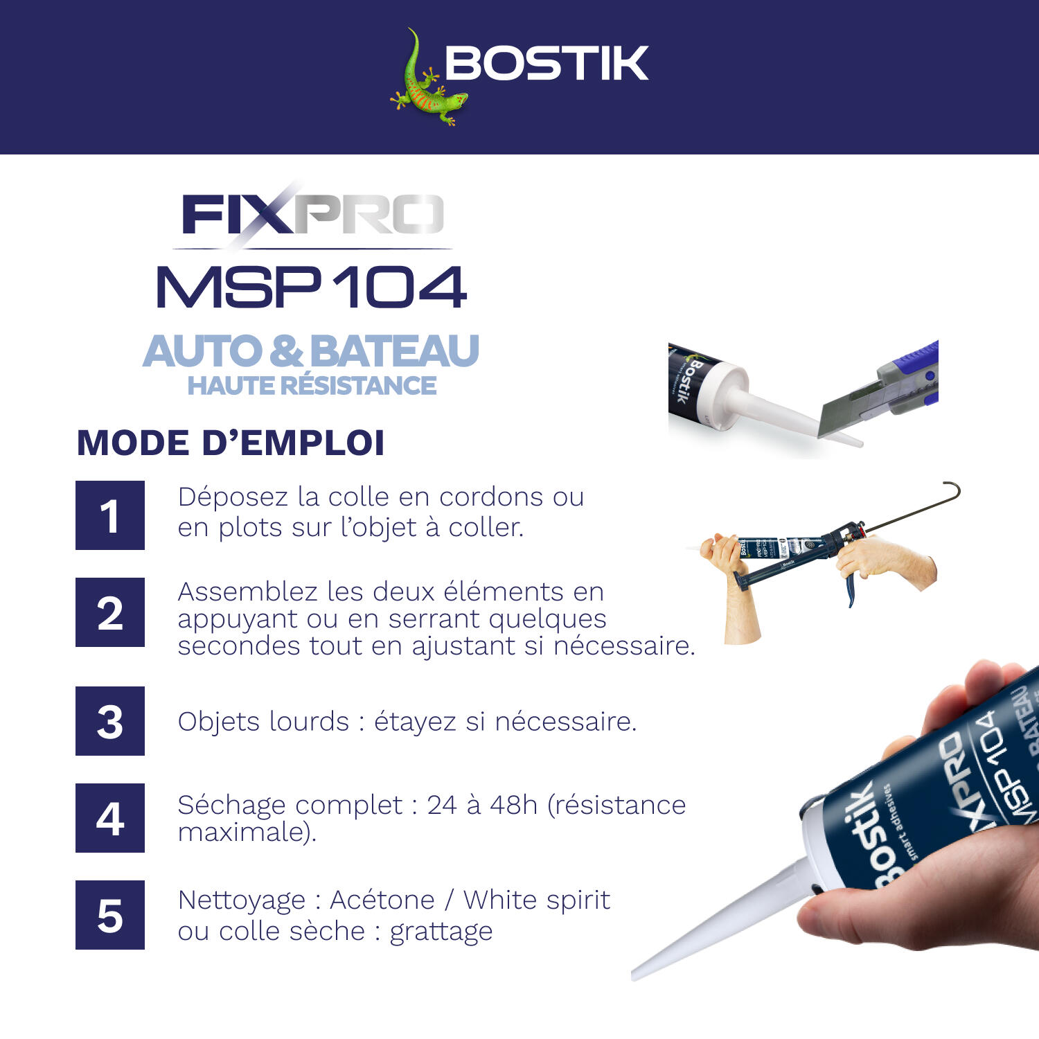 Colle fixation MS polymère Auto bateau fixpro msp104 BOSTIK, 290ml blanc - 6