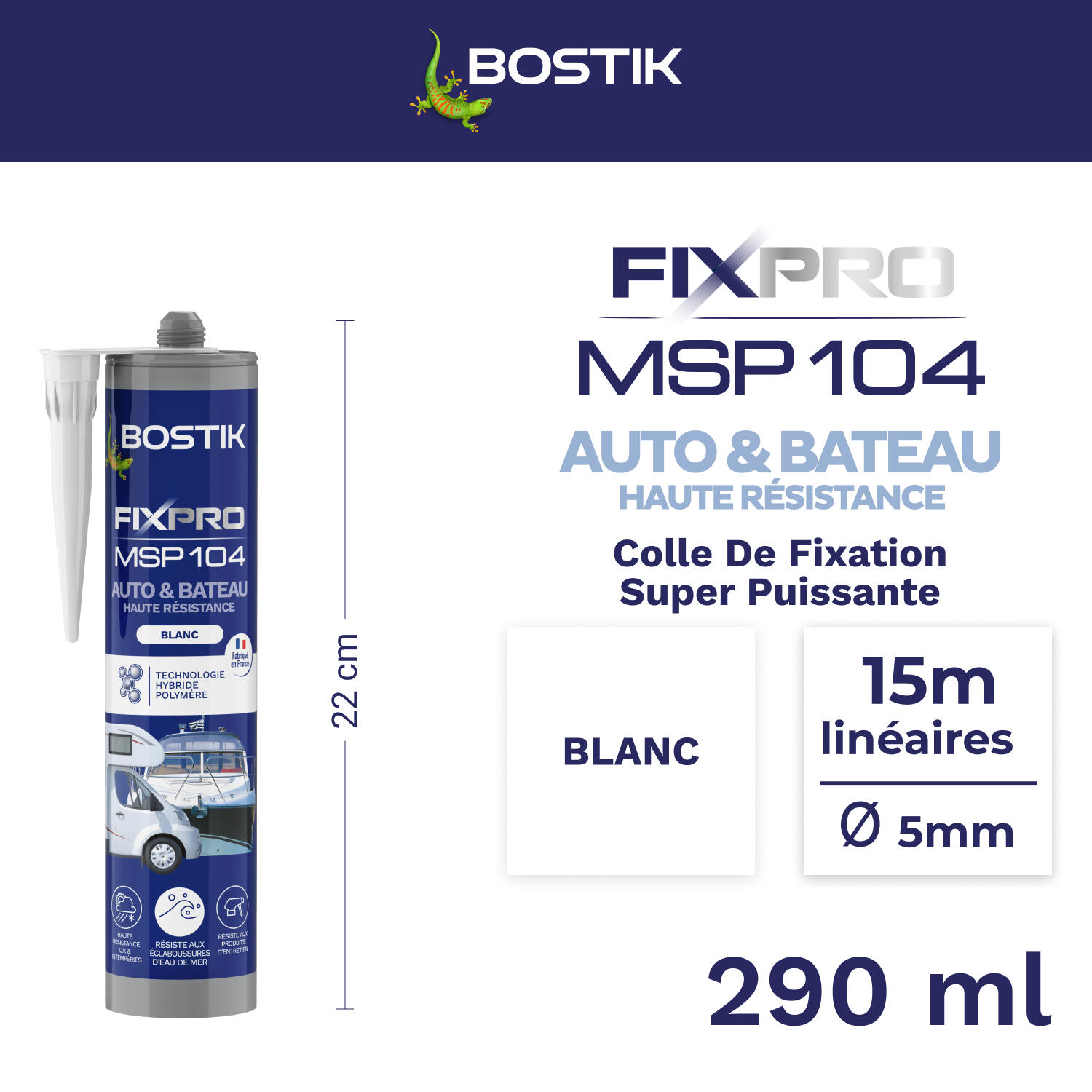 Colle fixation MS polymère Auto bateau fixpro msp104 BOSTIK, 290ml blanc - 2