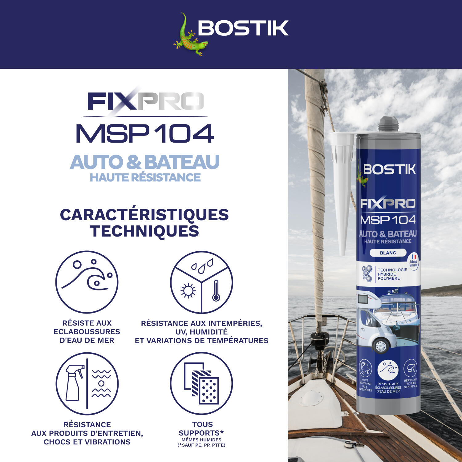 Colle fixation MS polymère Auto bateau fixpro msp104 BOSTIK, 290ml blanc - 3