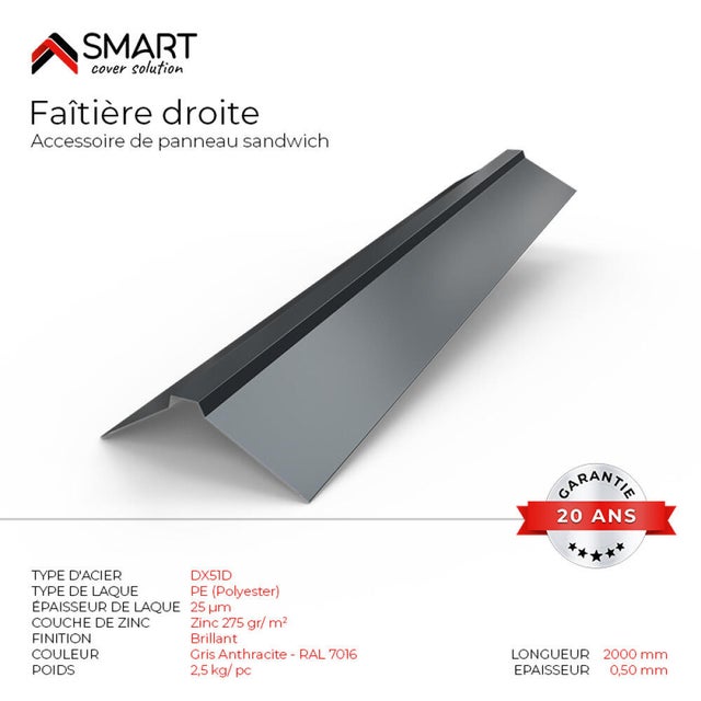 Faitière en solin, aspect tuile acier rouge sienne RAL3009, l.1.2 x L.2m